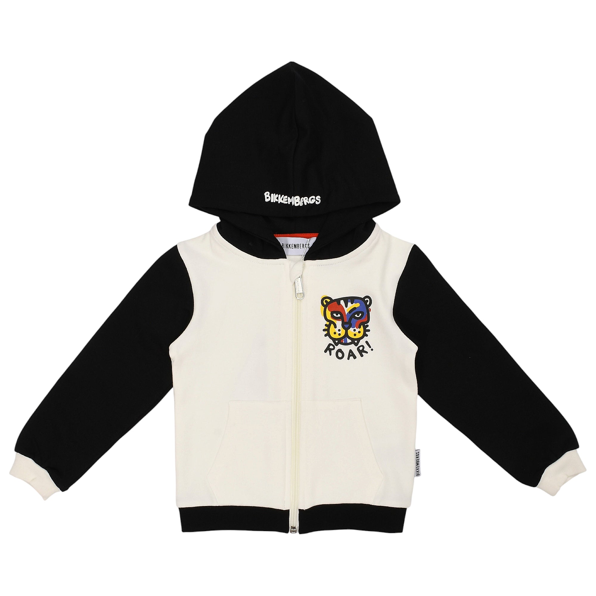 Black and ivory hooded full-zip sweatshirt with a colorful tiger graphic and "ROAR!" on the chest. "Bikkembergs" on hood.