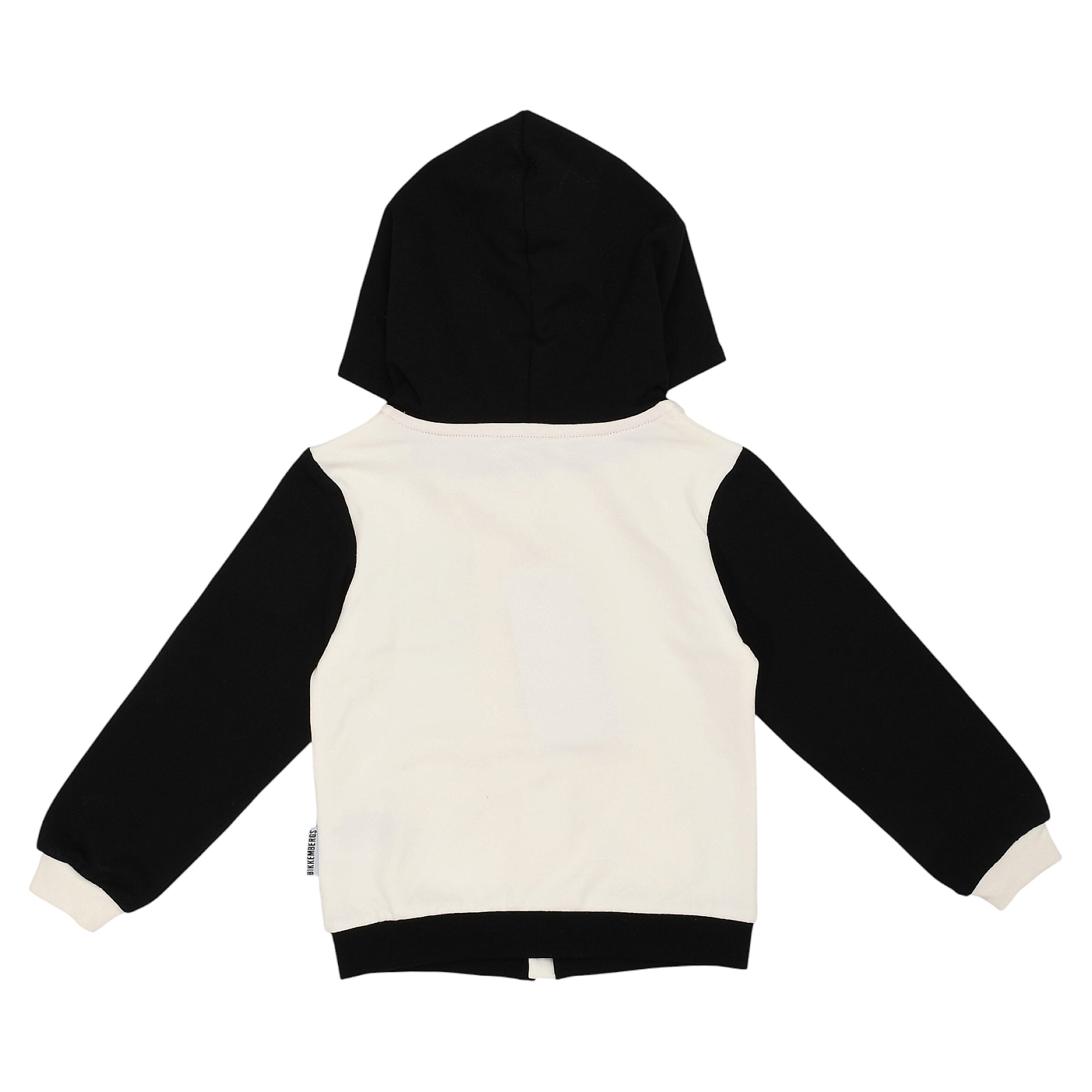 Black and ivory hoodie, back view. Black hood, sleeves, and bottom band. Ivory back panel and cuffs. Small black brand tag on
