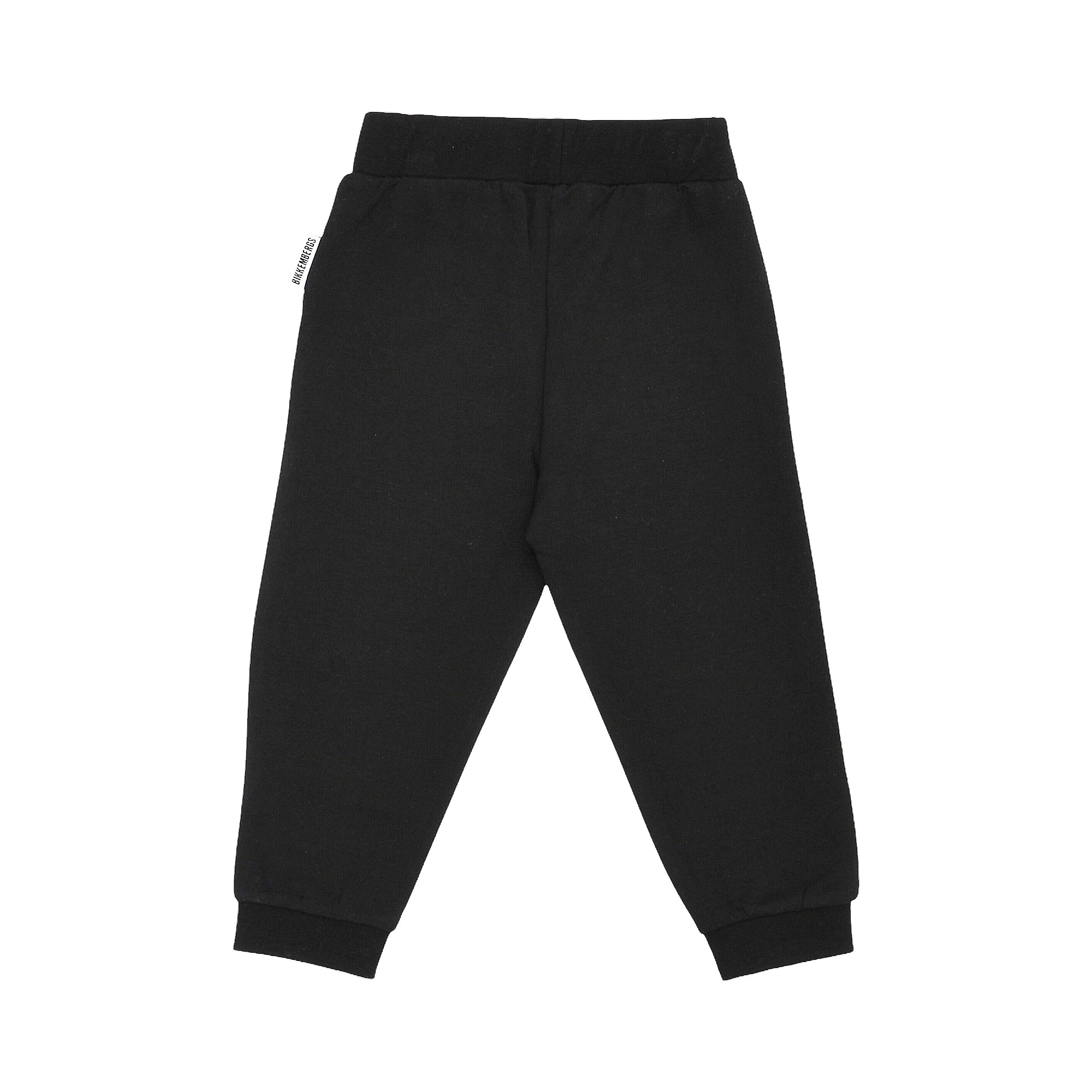 Black jersey jogging pants with an elastic waistband, ribbed cuffs, and a white 'BIRKEMBEGS' tag on the left hip.