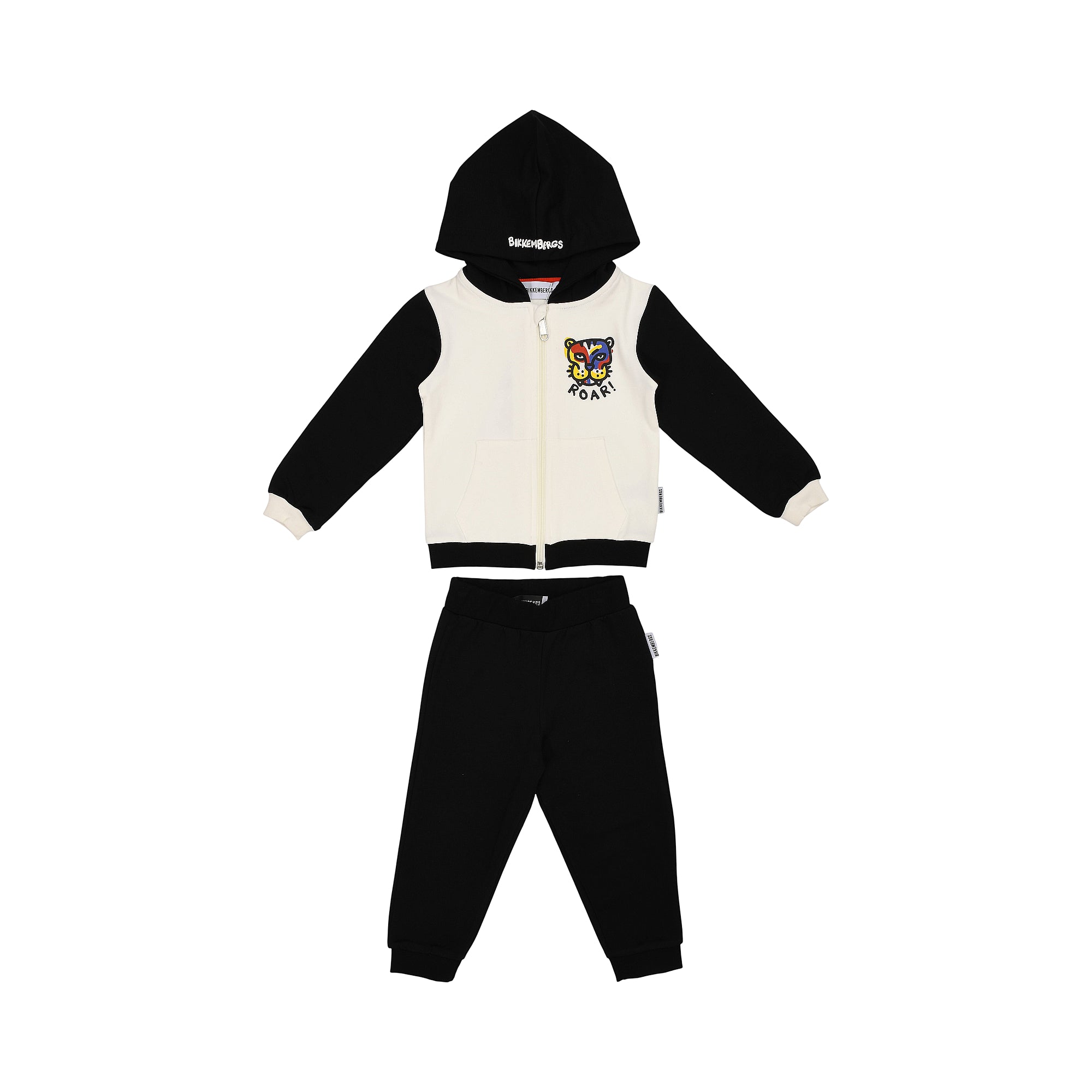 Black and ivory colour-block hooded zip-up top with a colourful animal graphic and matching black jogging trousers.