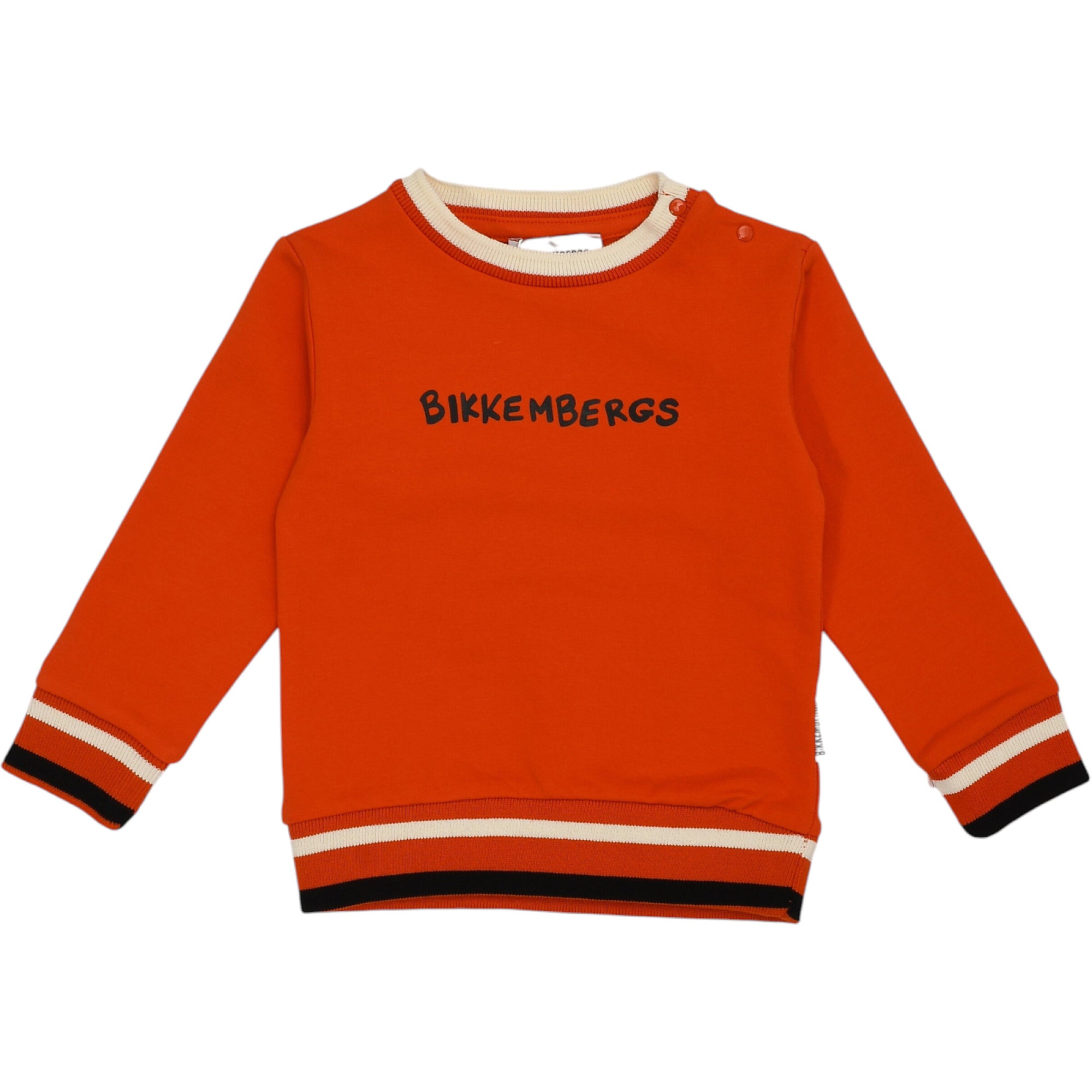 Red long-sleeved sweatshirt with black 'BIKKEMBERGS' logo, cream-trimmed crew neck with snaps, and striped cuffs/hem.