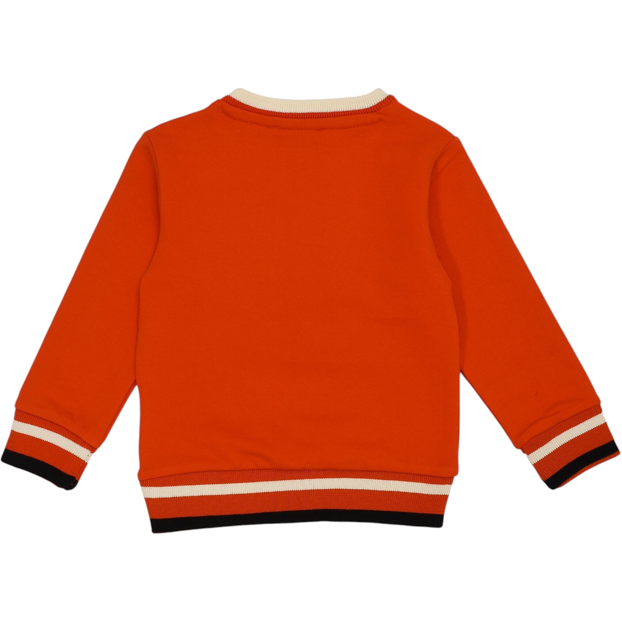Orange-red long-sleeved sweatshirt with ribbed off-white/red crew neck, and ribbed cuffs/hem with black, off-white, and red s