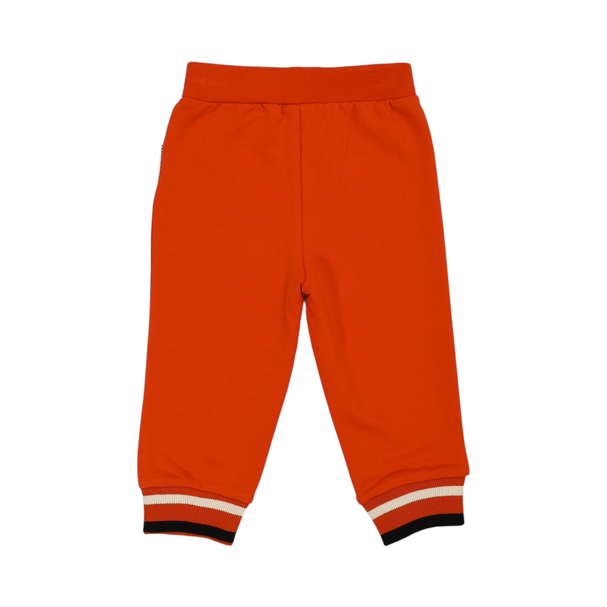 Red jogging pants with a ribbed waistband and ribbed cuffs featuring black, white, and red stripes.