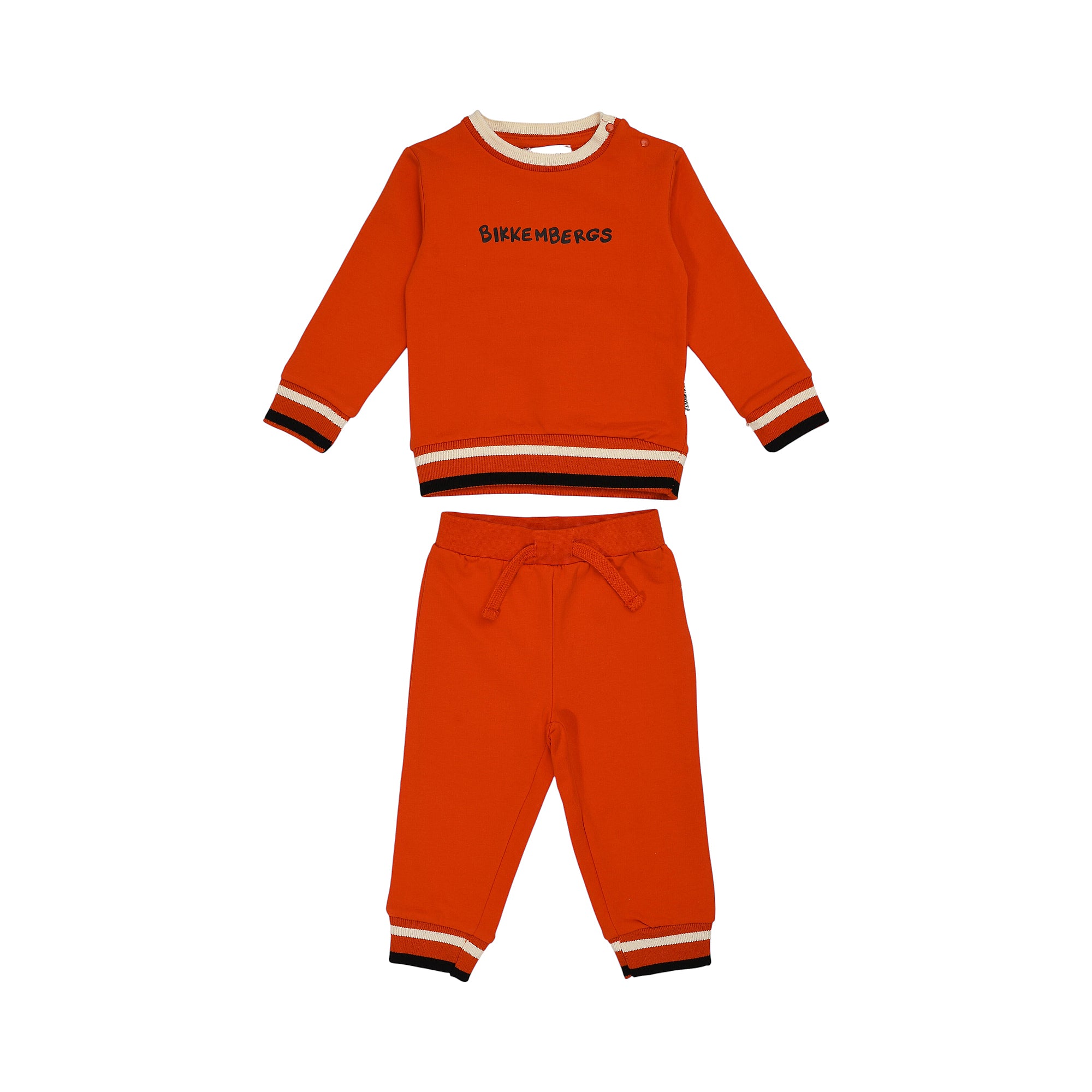 Red Bikkemberg Kids jogging suit with long-sleeved top and matching bottoms, featuring white and black striped ribbed trims.