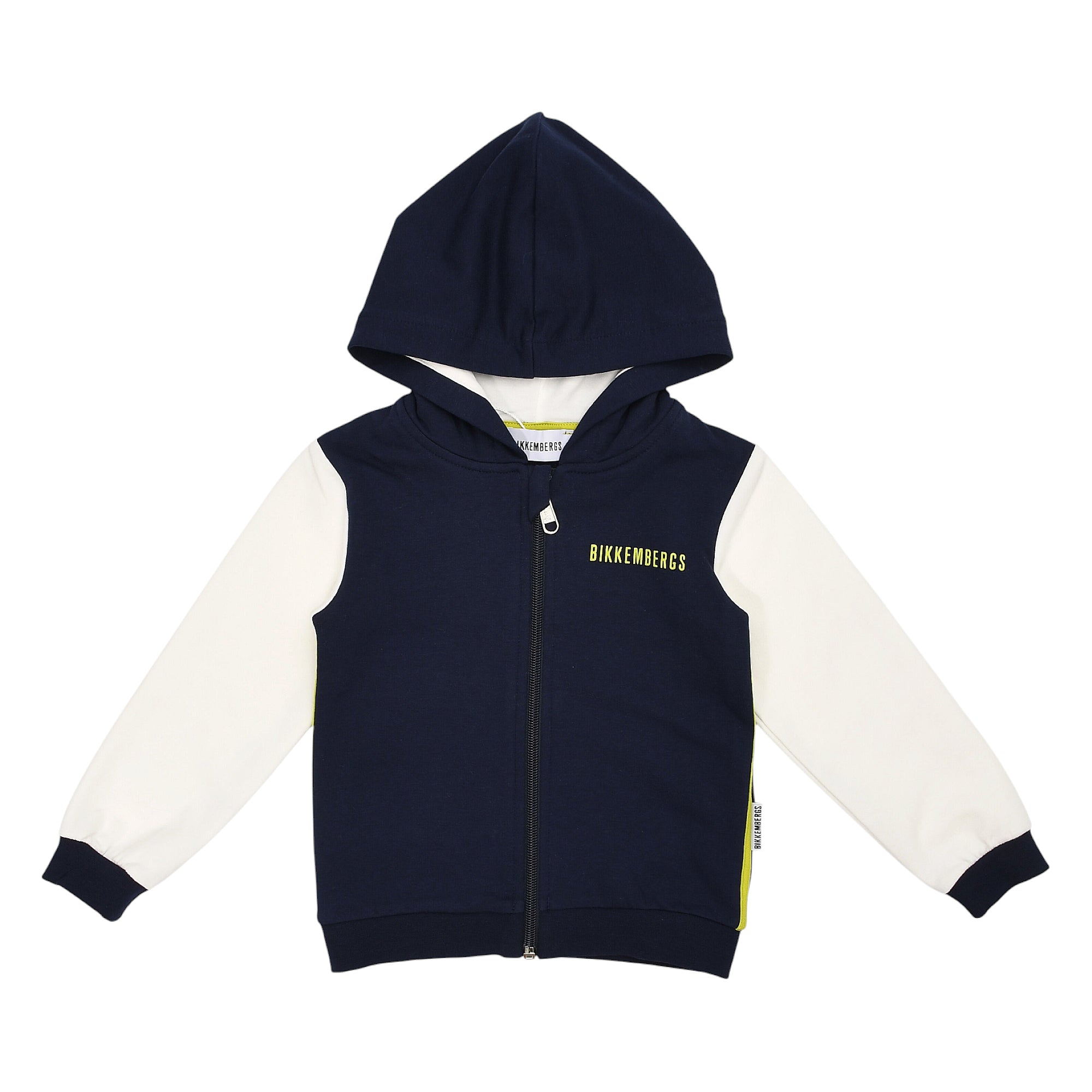 Navy blue full-zip hoodie with cream sleeves, yellow BIKKEMBERGS text on chest, and a vertical yellow stripe on the right sid