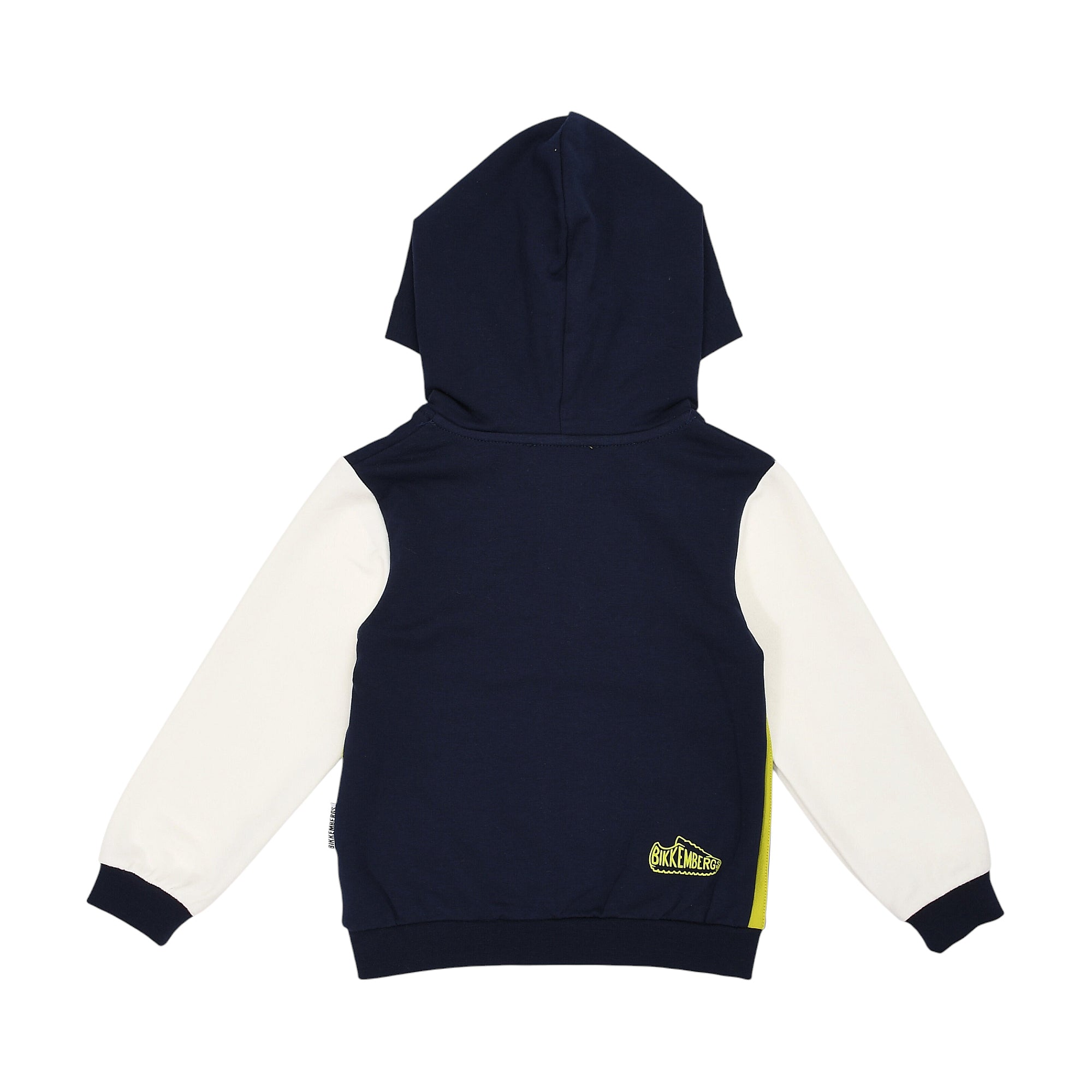 Navy blue hooded top with off-white sleeves, a lime green side stripe, and a yellow shoe logo on the back.