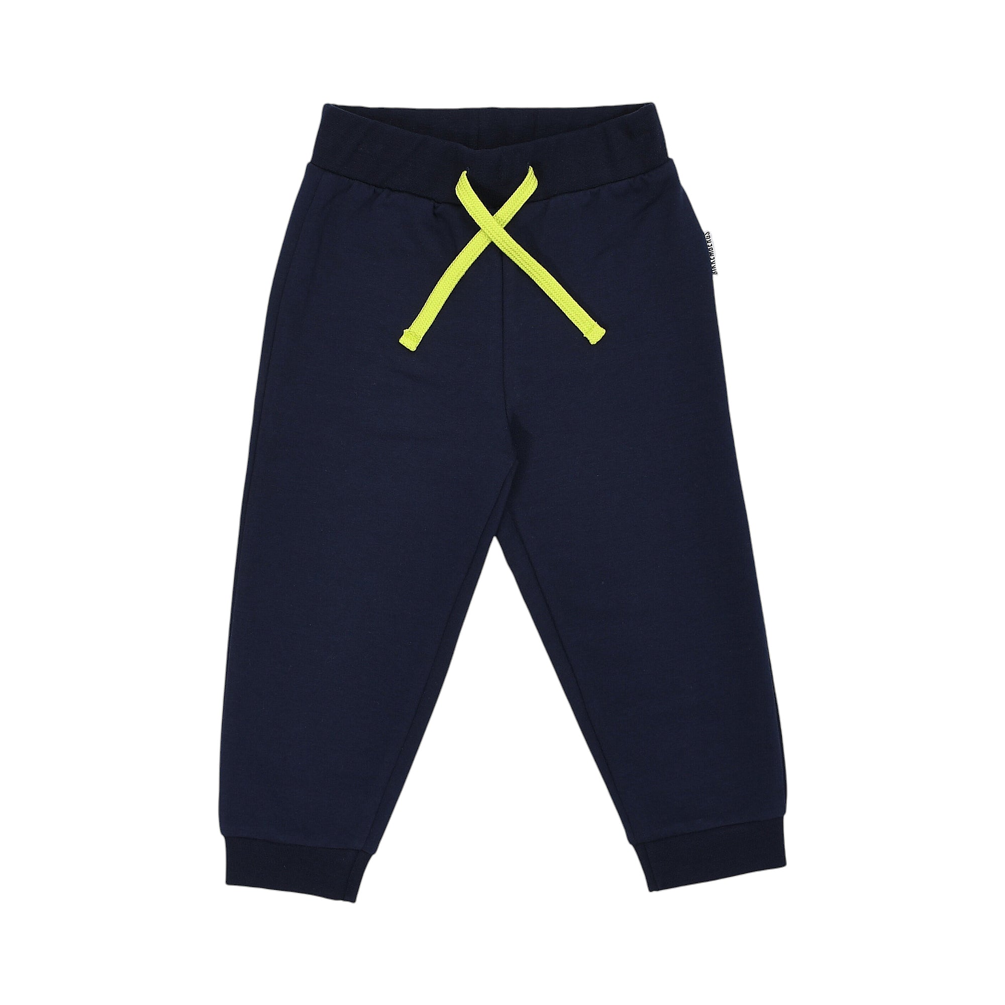 Navy blue jogging pants with an elasticated waist, neon yellow drawstring tied in an X-shape, and ribbed ankle cuffs.