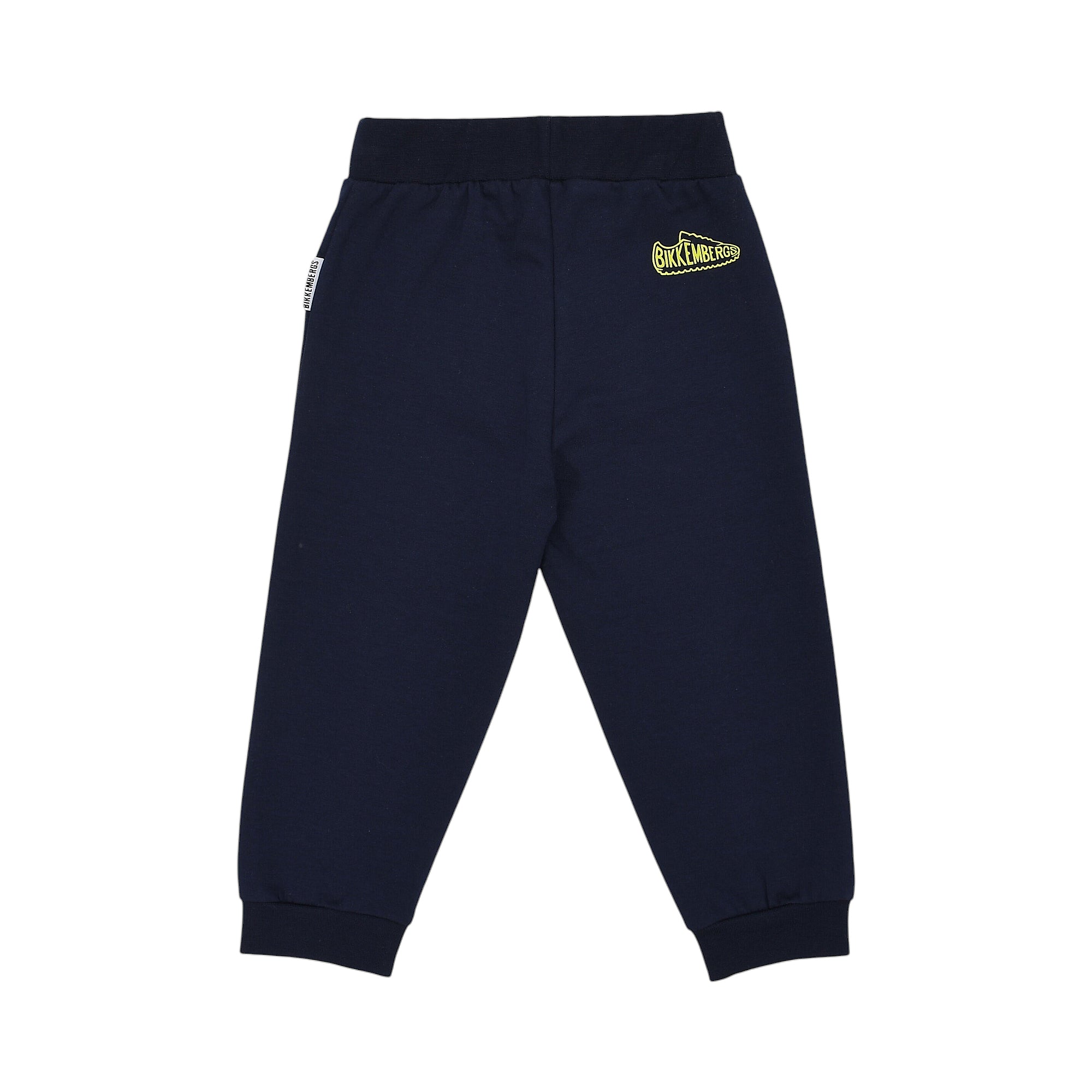 Navy blue jogging pants with elastic waist and cuffed ankles. Yellow Bikkembergs logo on right thigh, white brand tag on left