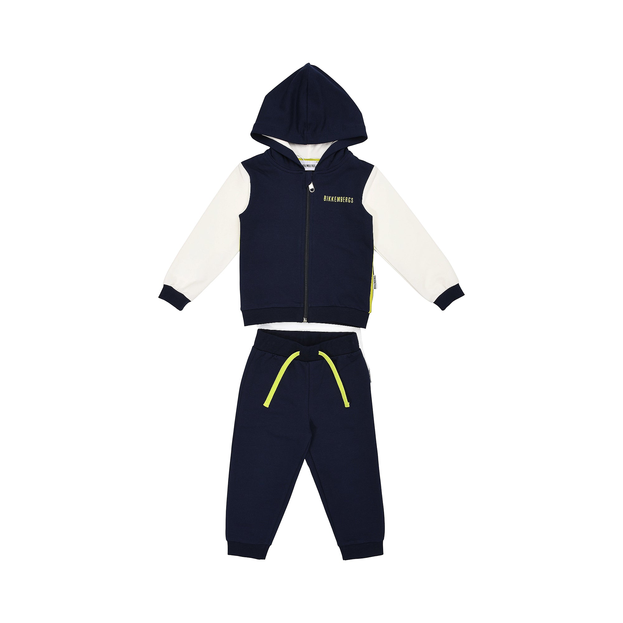 Navy and off-white colour-block hooded jogging suit for baby boys, featuring a zip-up jacket with Bikkembergs logo and matchi