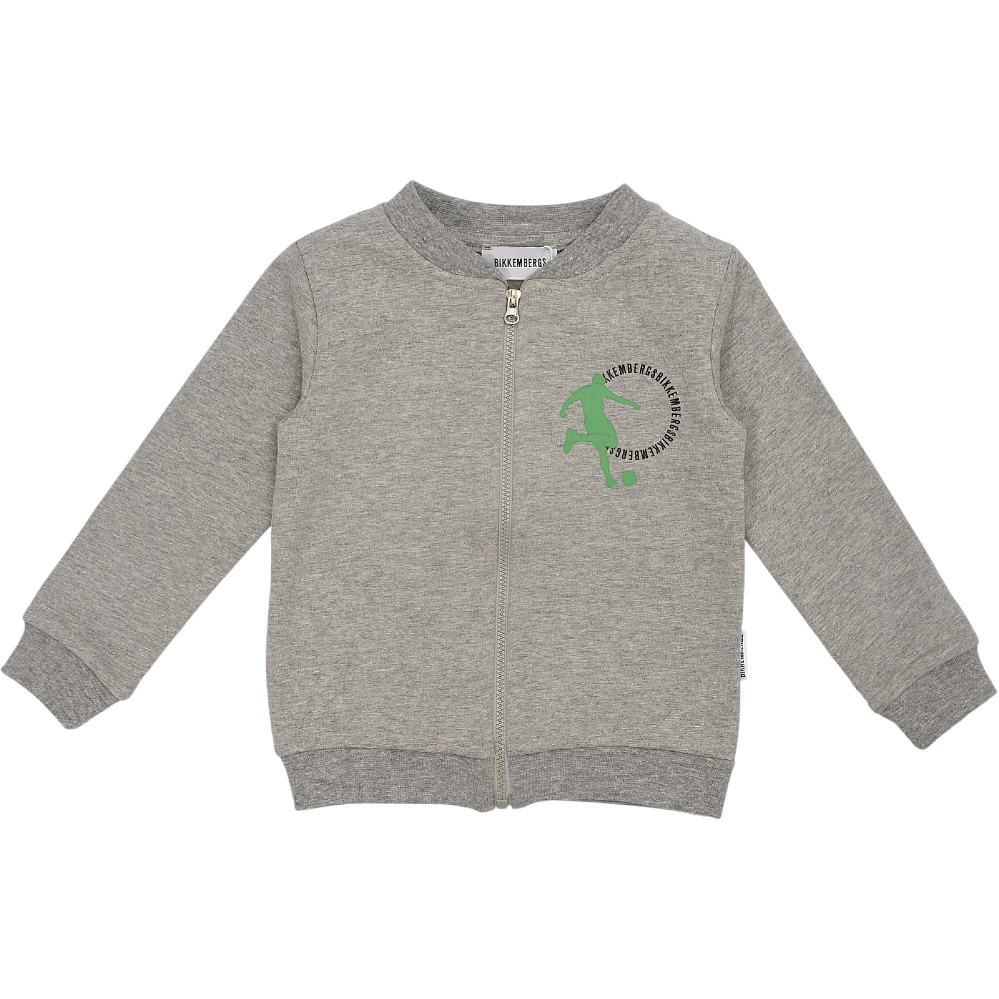 Grey long-sleeved zip-up jacket with ribbed collar, cuffs, and hem. Features a silver-toned zipper and a green soccer player