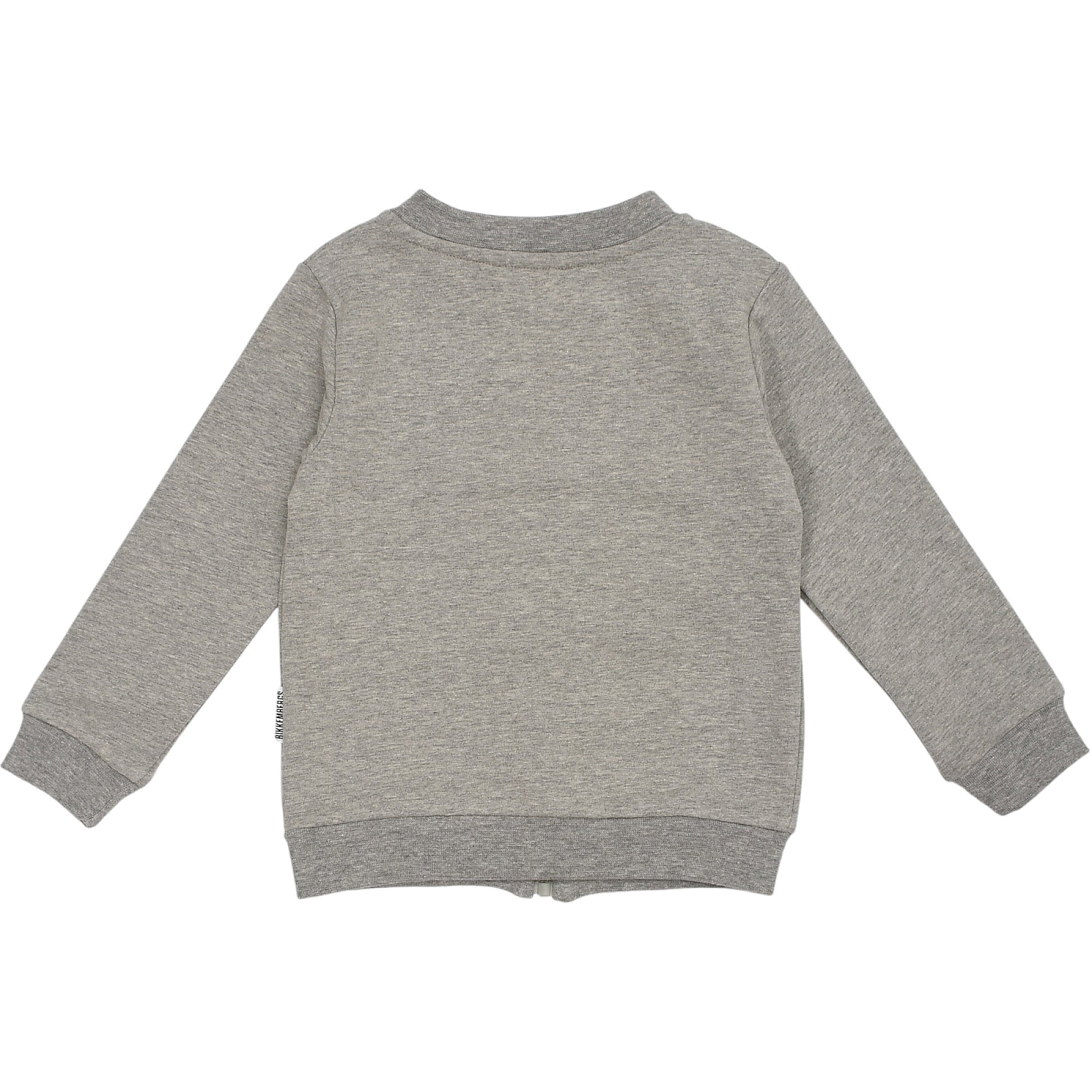 Grey long-sleeved sweatshirt, back view. Features a ribbed crew neck, cuffs, and hem. A small black brand tag is on the left