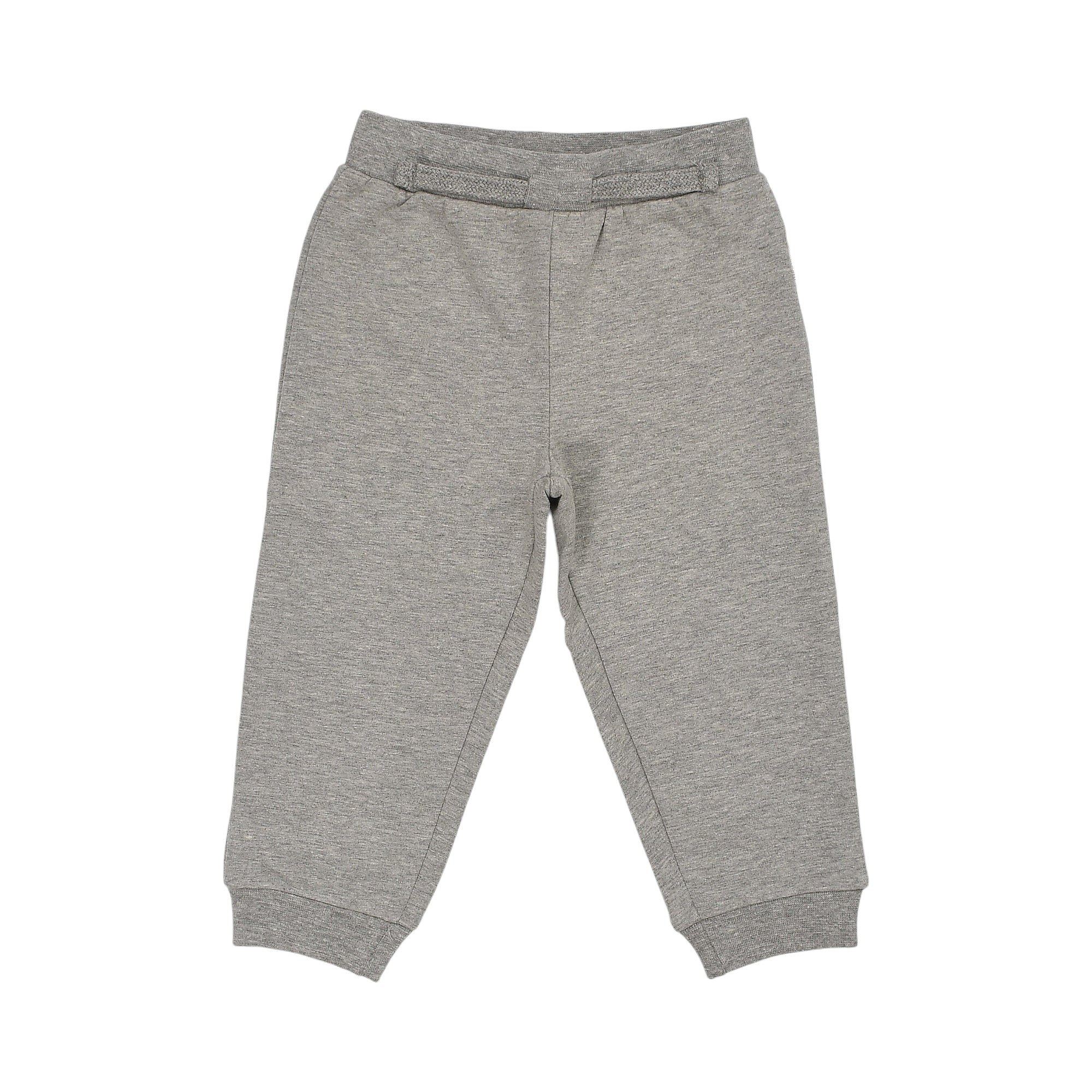 Grey melange jogging pants with a flat waistband featuring two decorative loops and ribbed cuffs at the ankles.