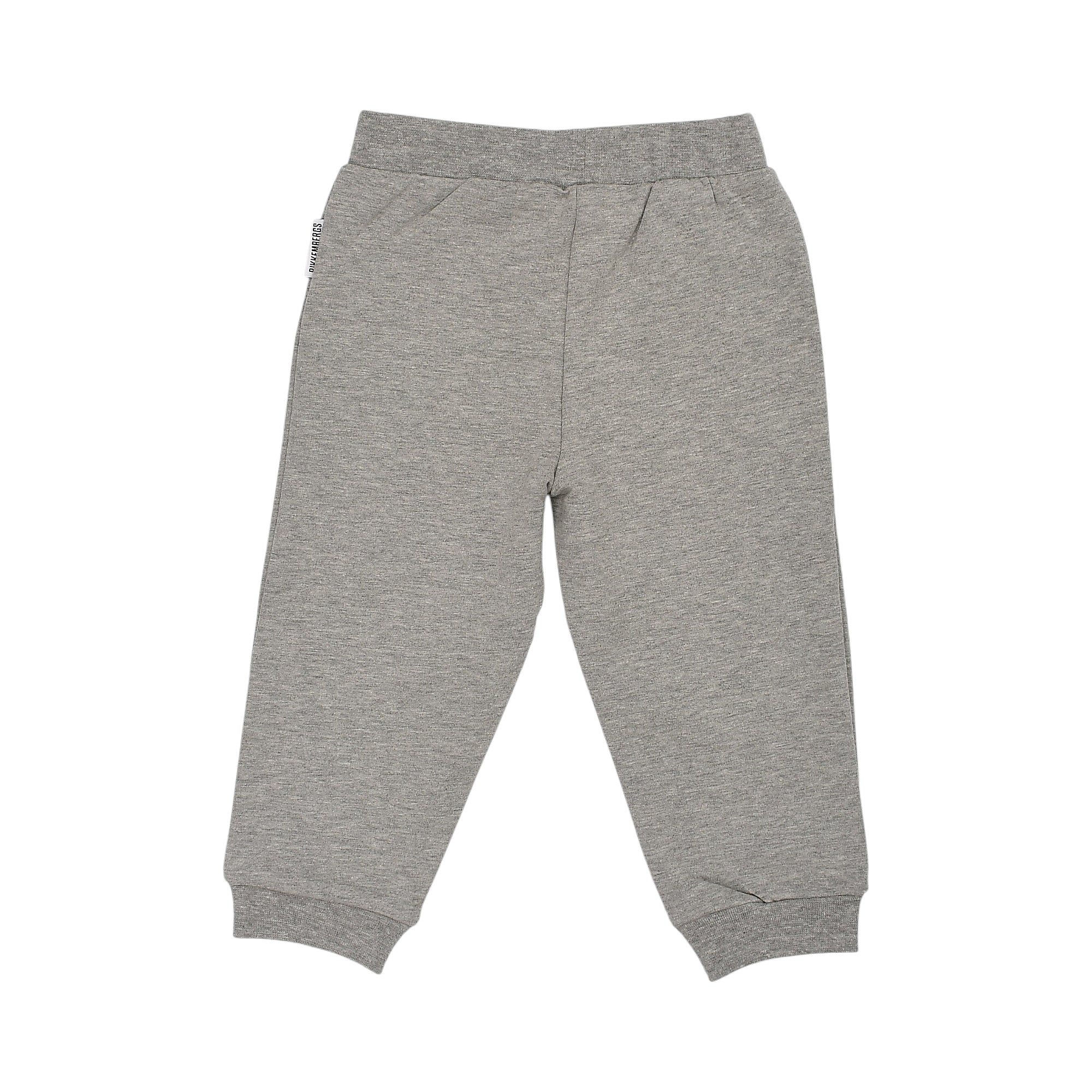 Grey heathered jogging pants with an elastic waistband and ribbed ankle cuffs. A small brand tag is on the left hip.