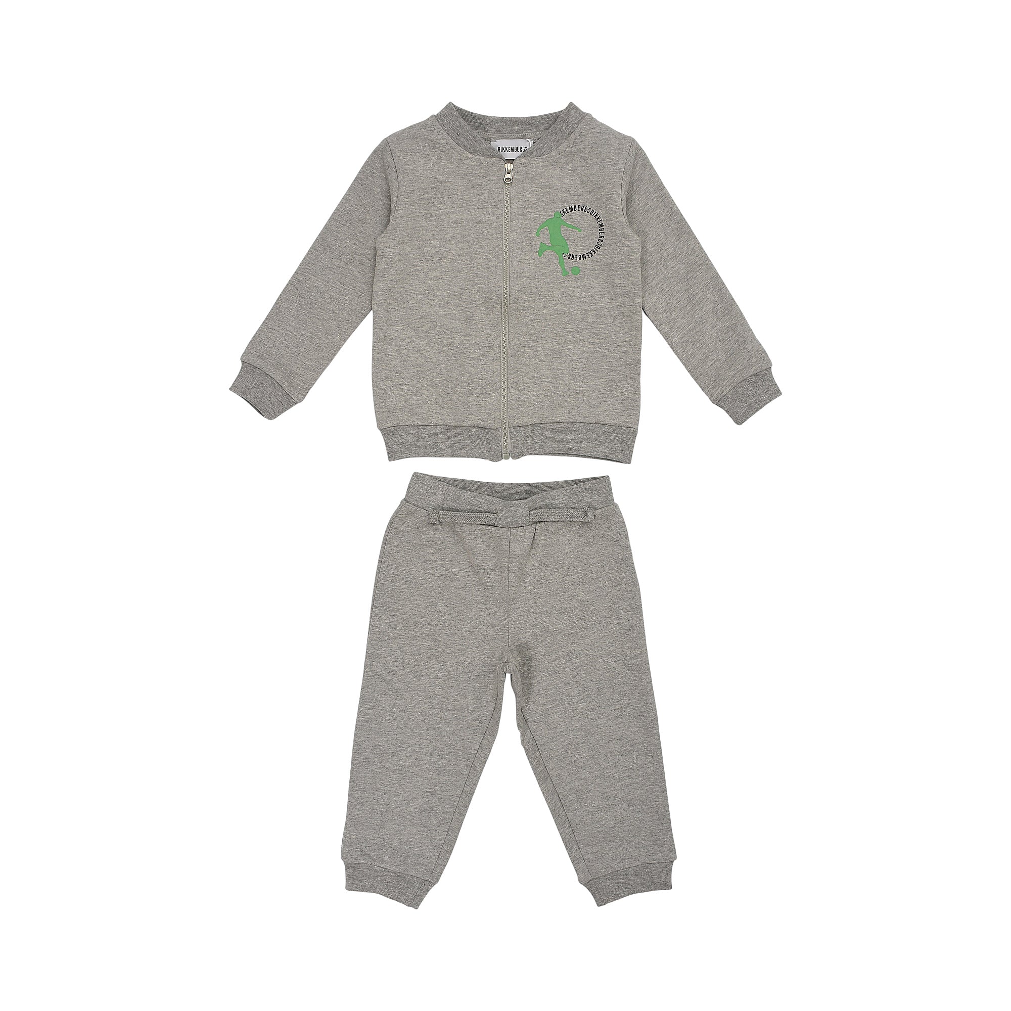Grey Bikkemberg Kids jogging suit with a full-zip jacket featuring a green dinosaur graphic and matching trousers with an ela