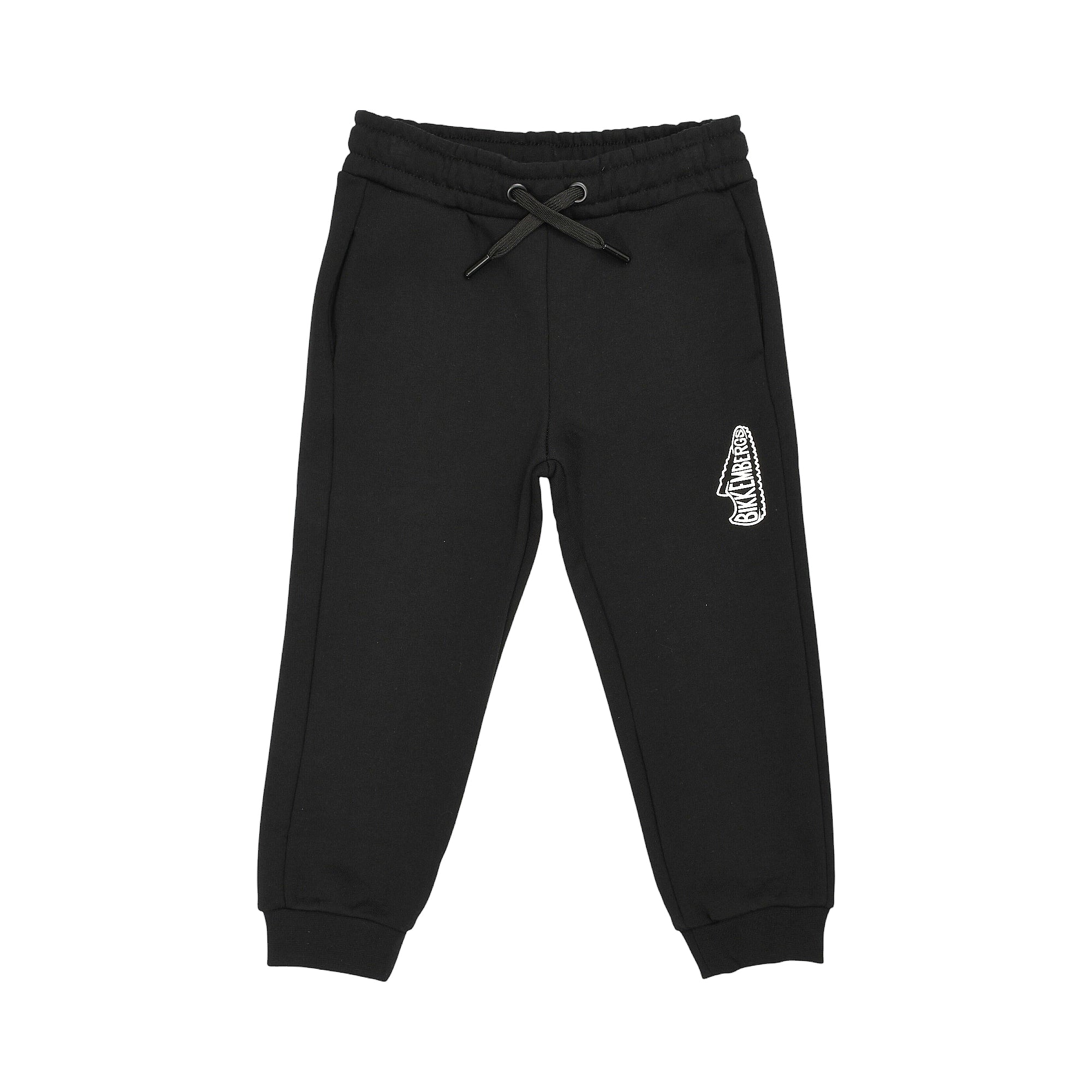 Black jogging suit bottoms with an elastic drawstring waist, side pockets, ribbed ankle cuffs, and a white Bikkembergs arrowh