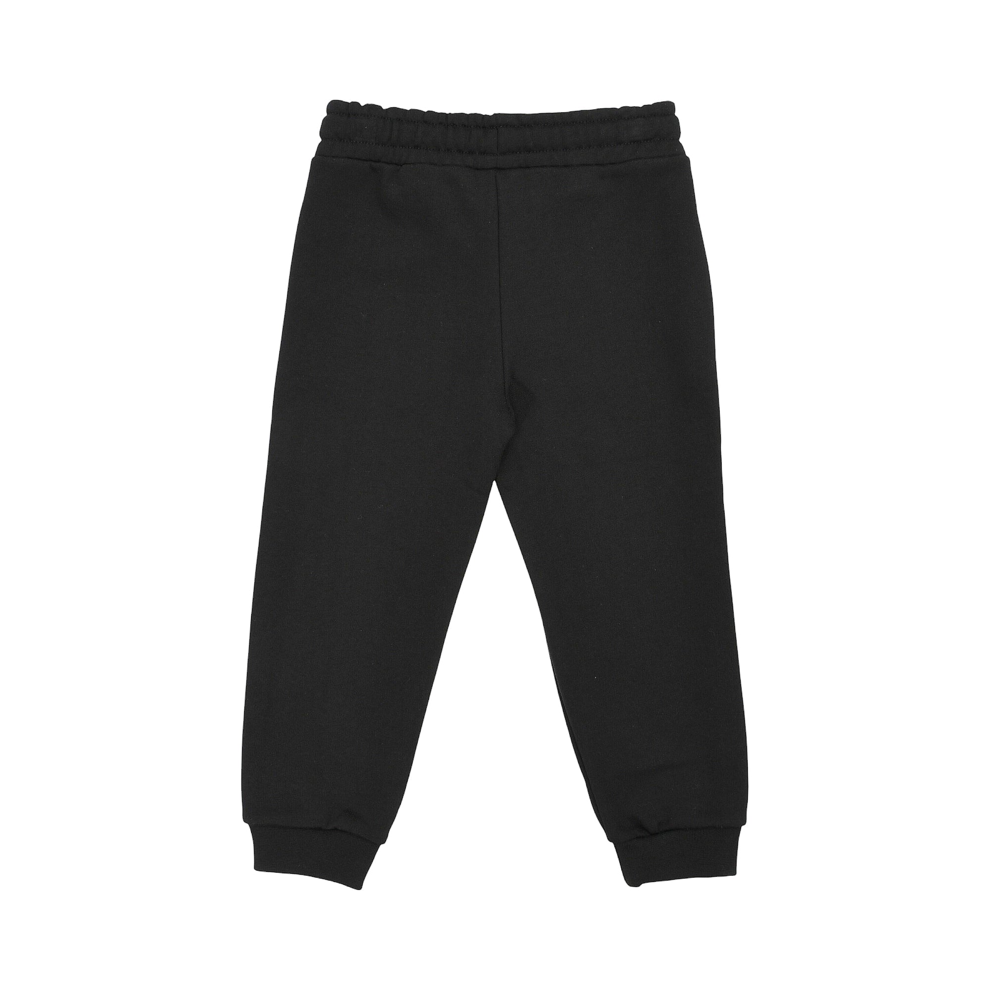 Solid black jogging bottoms with an elastic waist and ribbed cuffs.