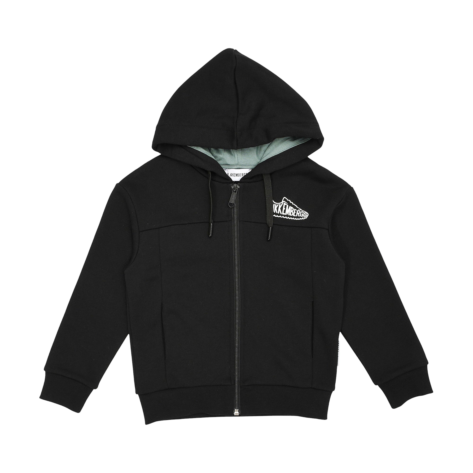 Black full-zip hoodie with a light grey lined hood, black drawstrings, silver-toned zipper, and a white shoe logo on the left