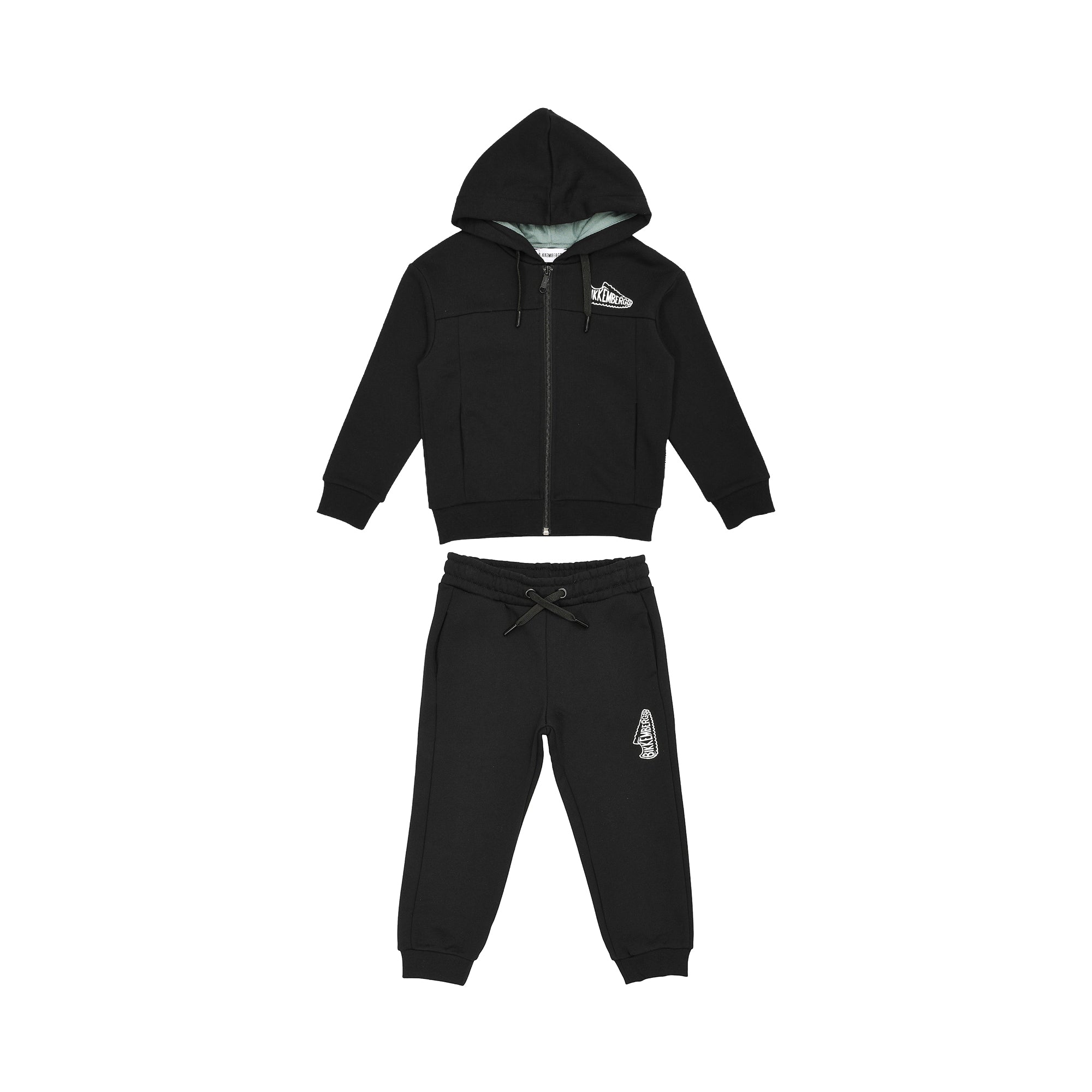 Black Bikkemberg Kids hooded zip-up jogging suit with light grey hood lining and white graphic logos on chest and leg.