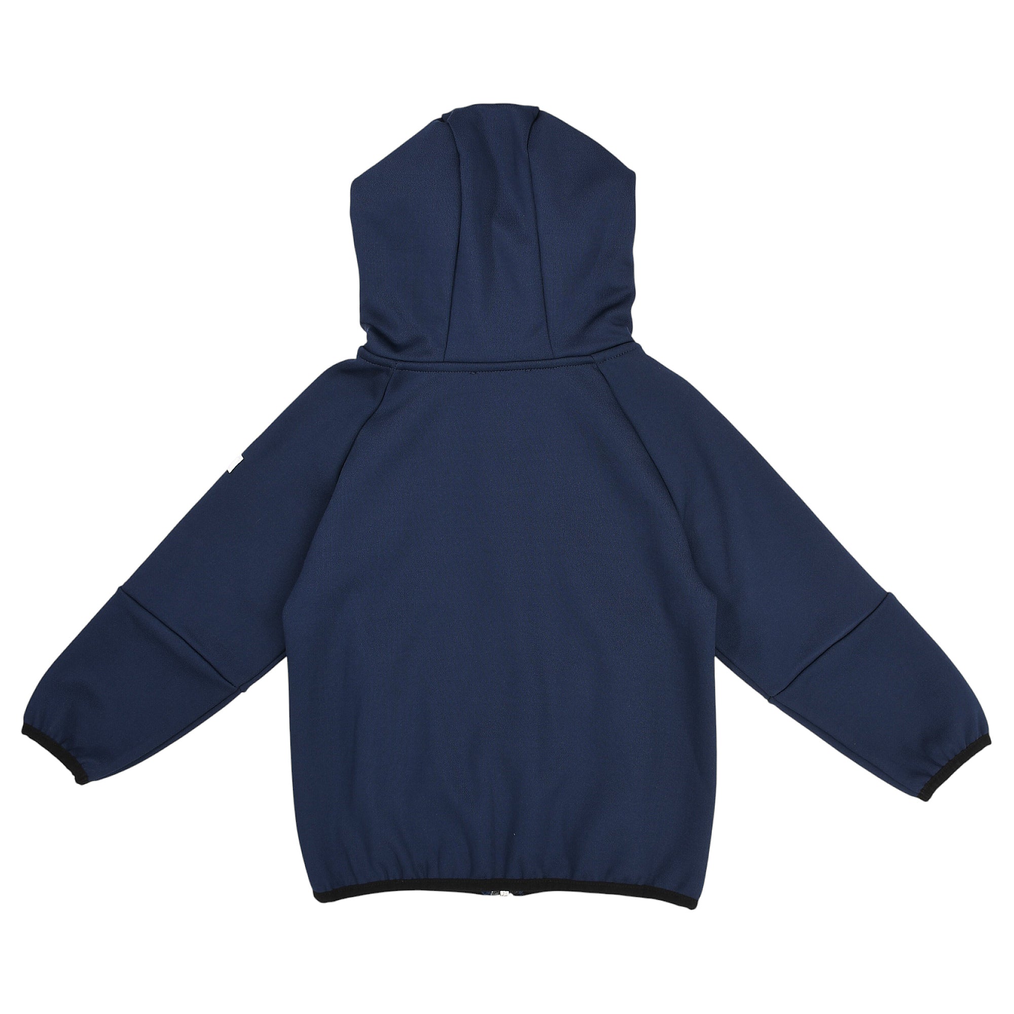 Navy blue hoodie with a textured knit fabric, long raglan sleeves with panel details, and black trim at cuffs and hem.