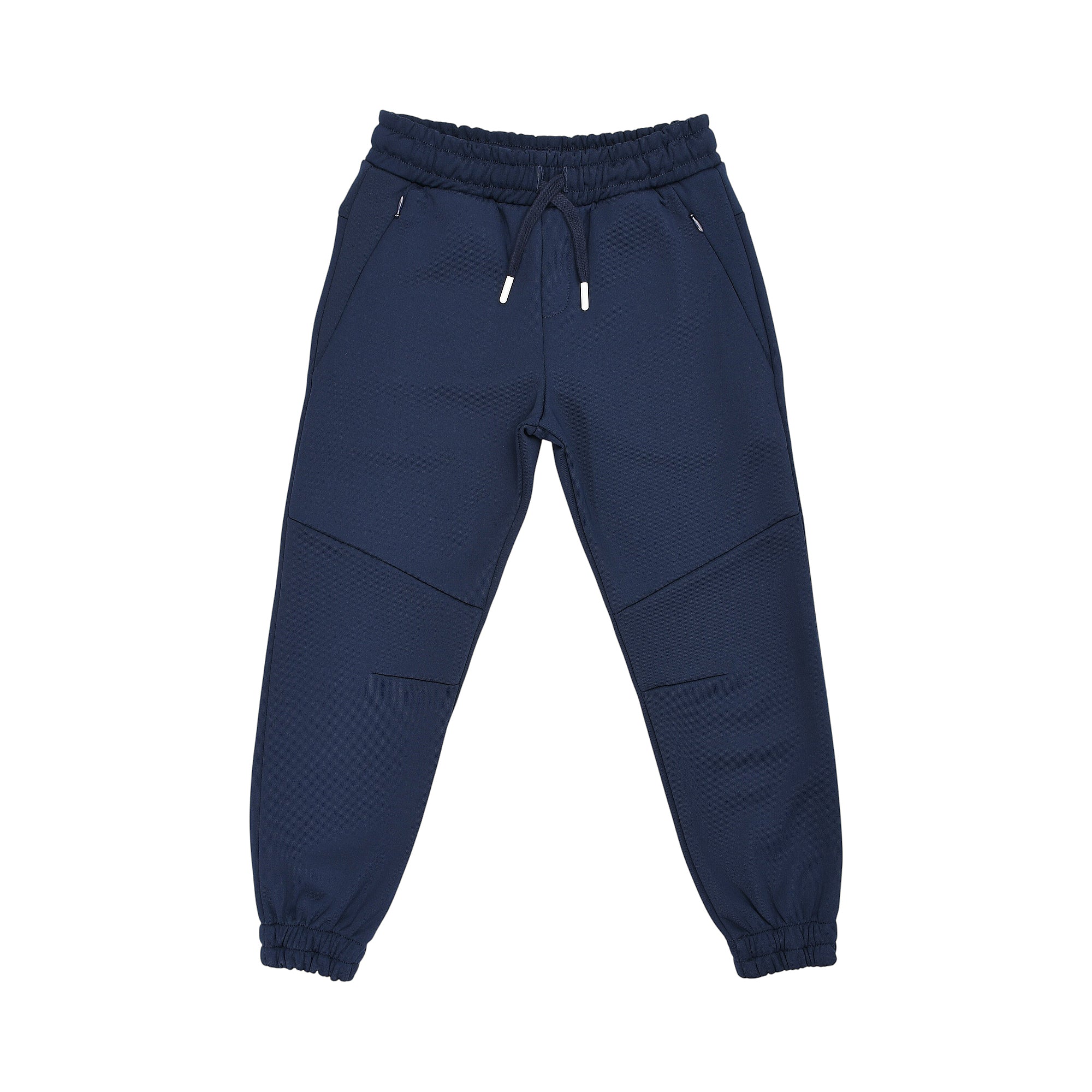 Navy blue jogging pants with an elastic waist, drawstring with silver-toned tips, zippered front pockets, paneled knees, and