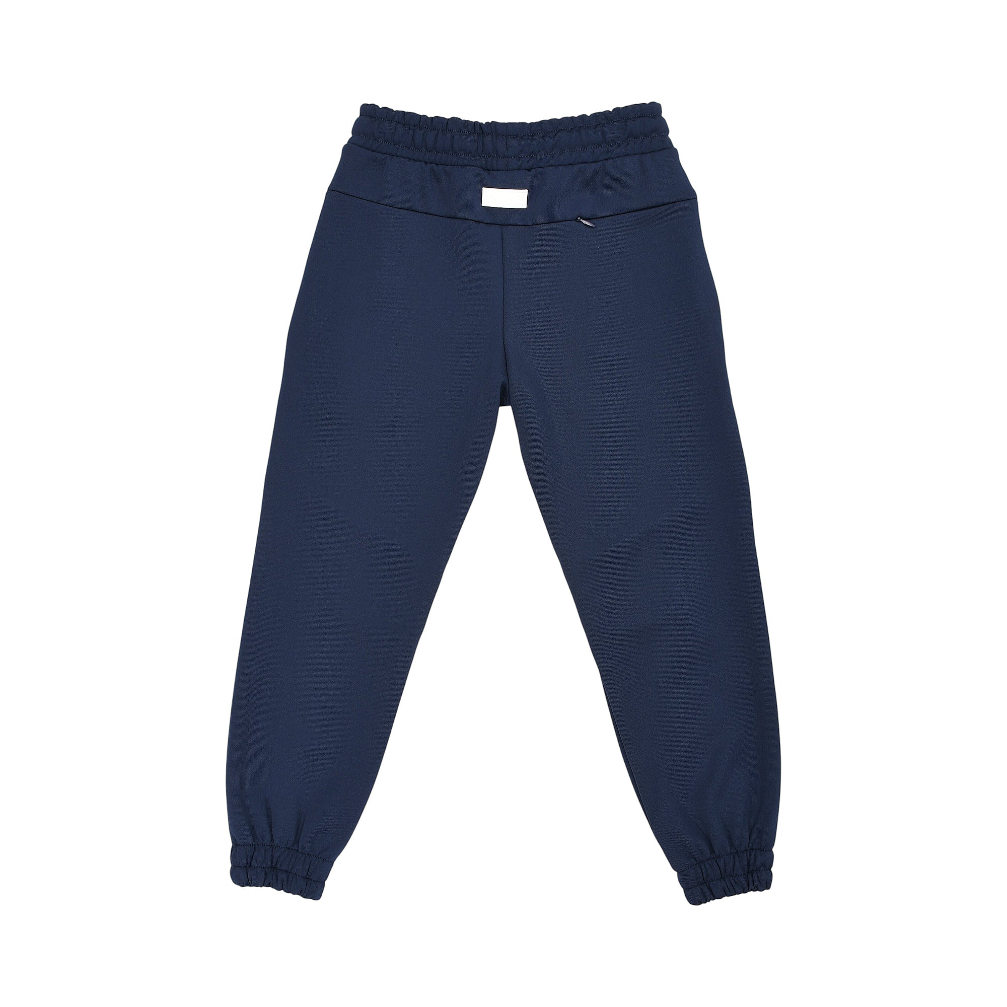 Navy blue jogging pants with an elasticated waistband, a small light-colored label, a zippered pocket, and elasticated ankle
