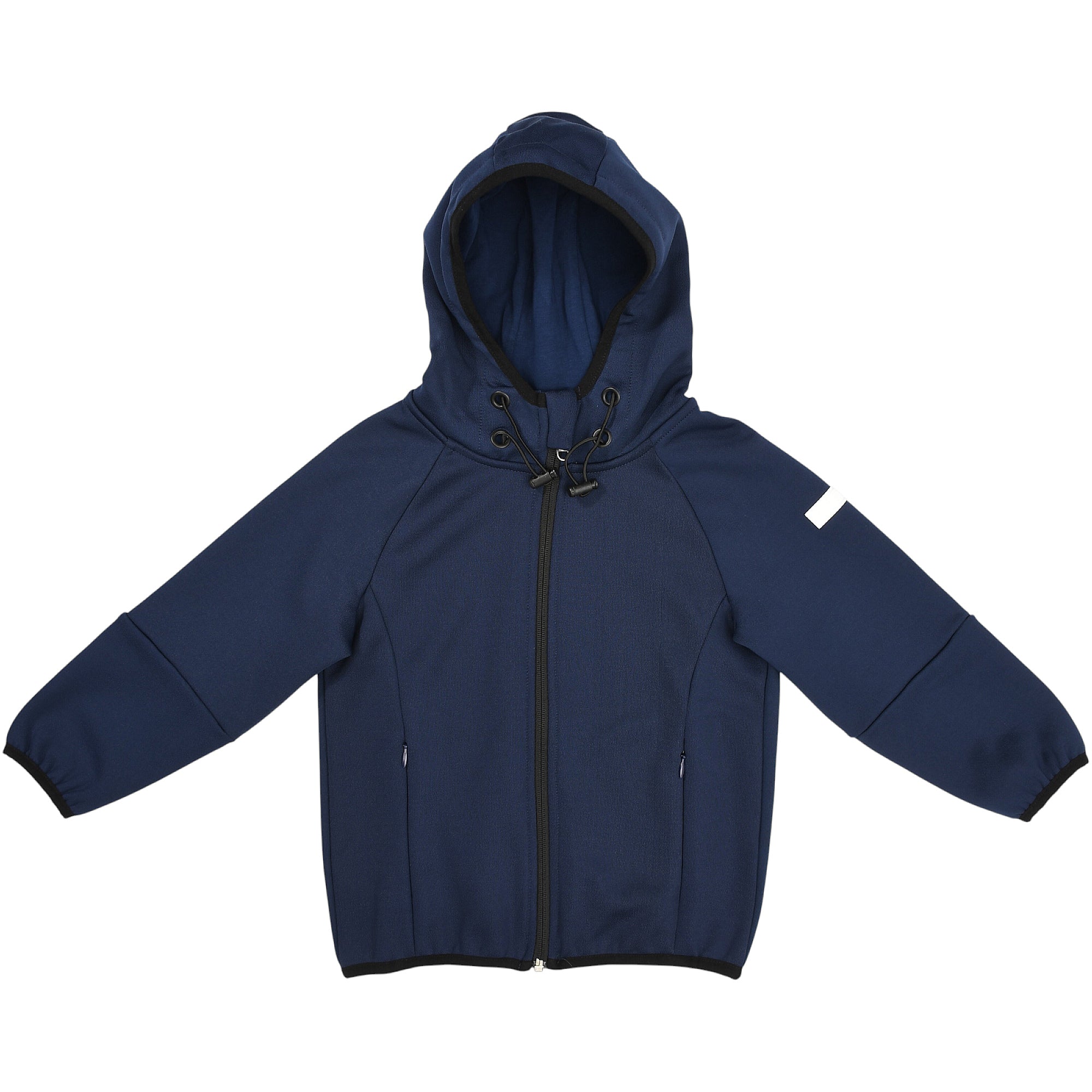 Navy blue textured knit full-zip hoodie with black zipper, drawstring hood, two zippered pockets, and a white patch on the le