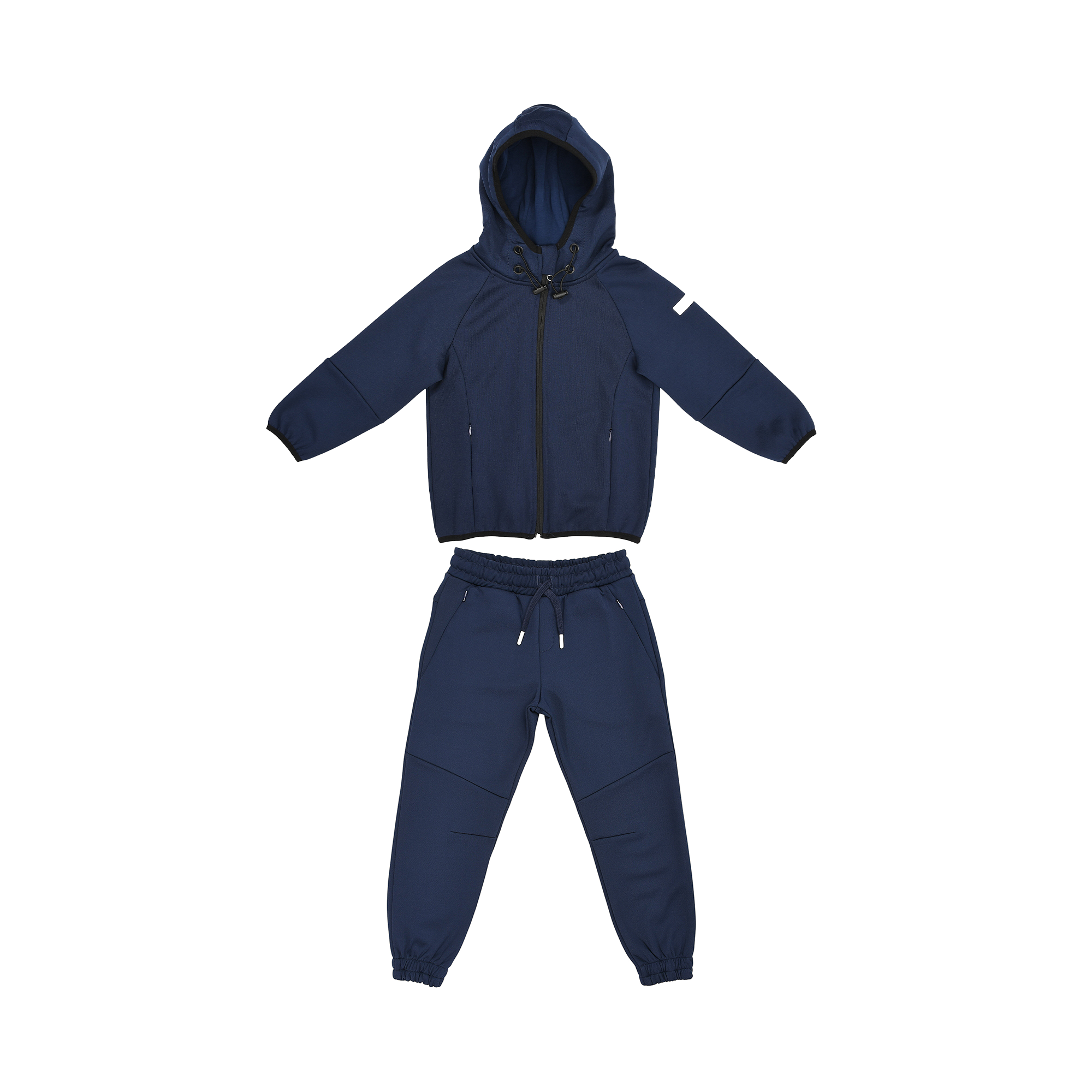 Navy blue kids' jogging suit, including a hooded full-zip jacket with zip pockets and matching tapered trousers with drawstri
