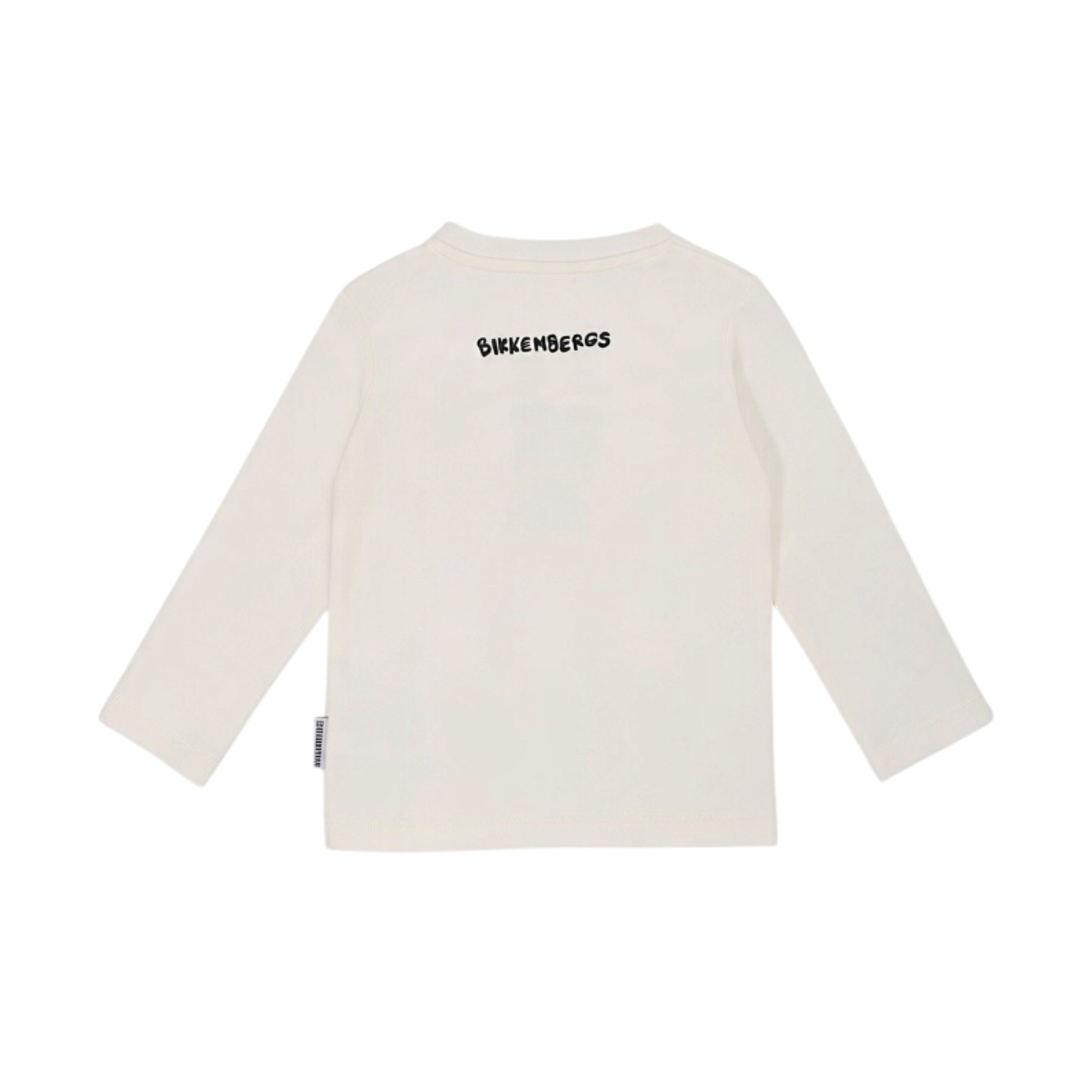 Ivory long-sleeve t-shirt, back view. Black 'BIKKEMBERGS' logo on upper back, small fabric tag on left side.