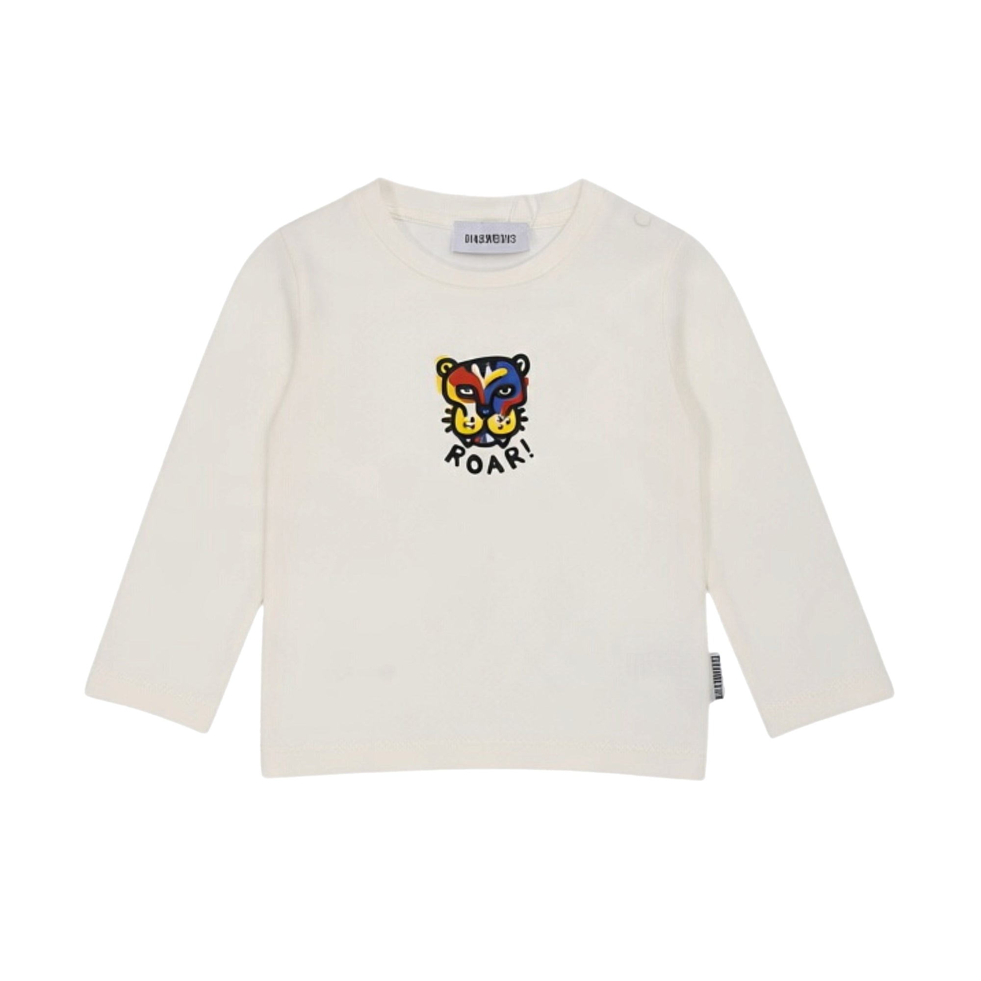 Ivory long-sleeved baby t-shirt with a colourful tiger face graphic and 'ROAR!' text on the chest.