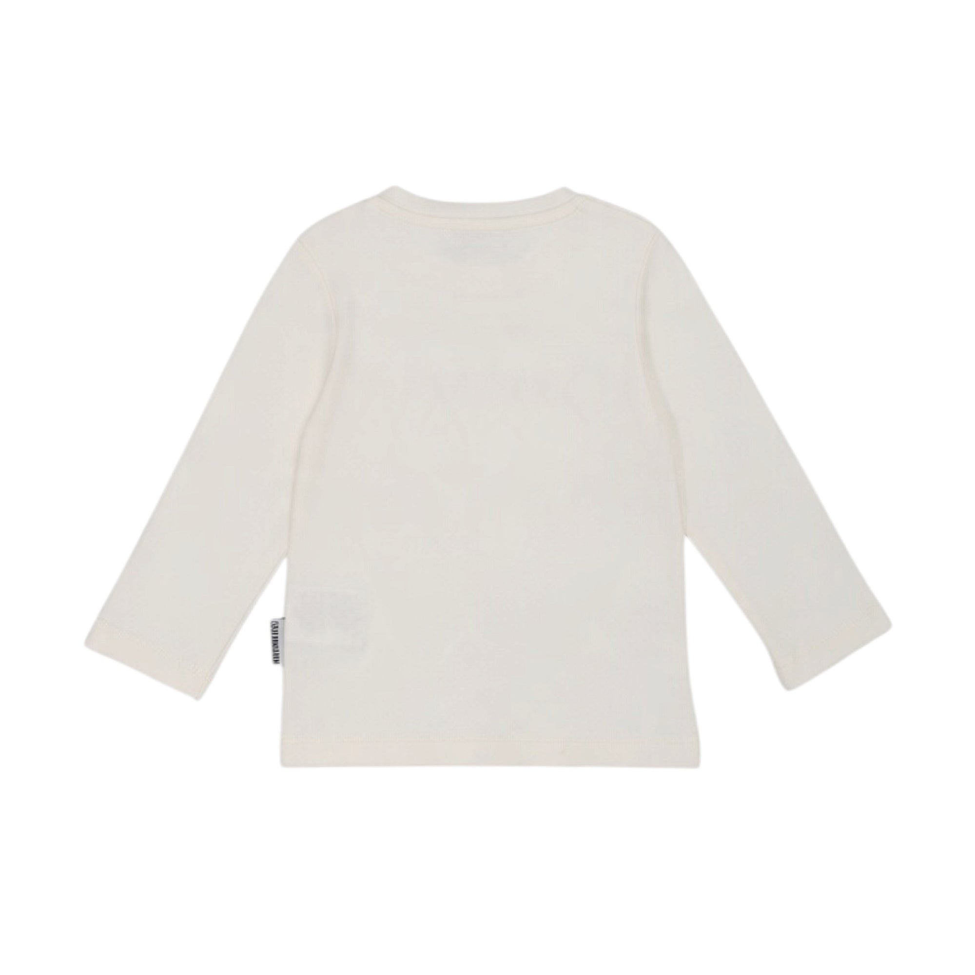 Ivory long-sleeve t-shirt with a ribbed crew neck and a small black tag on the left side seam near the hem.