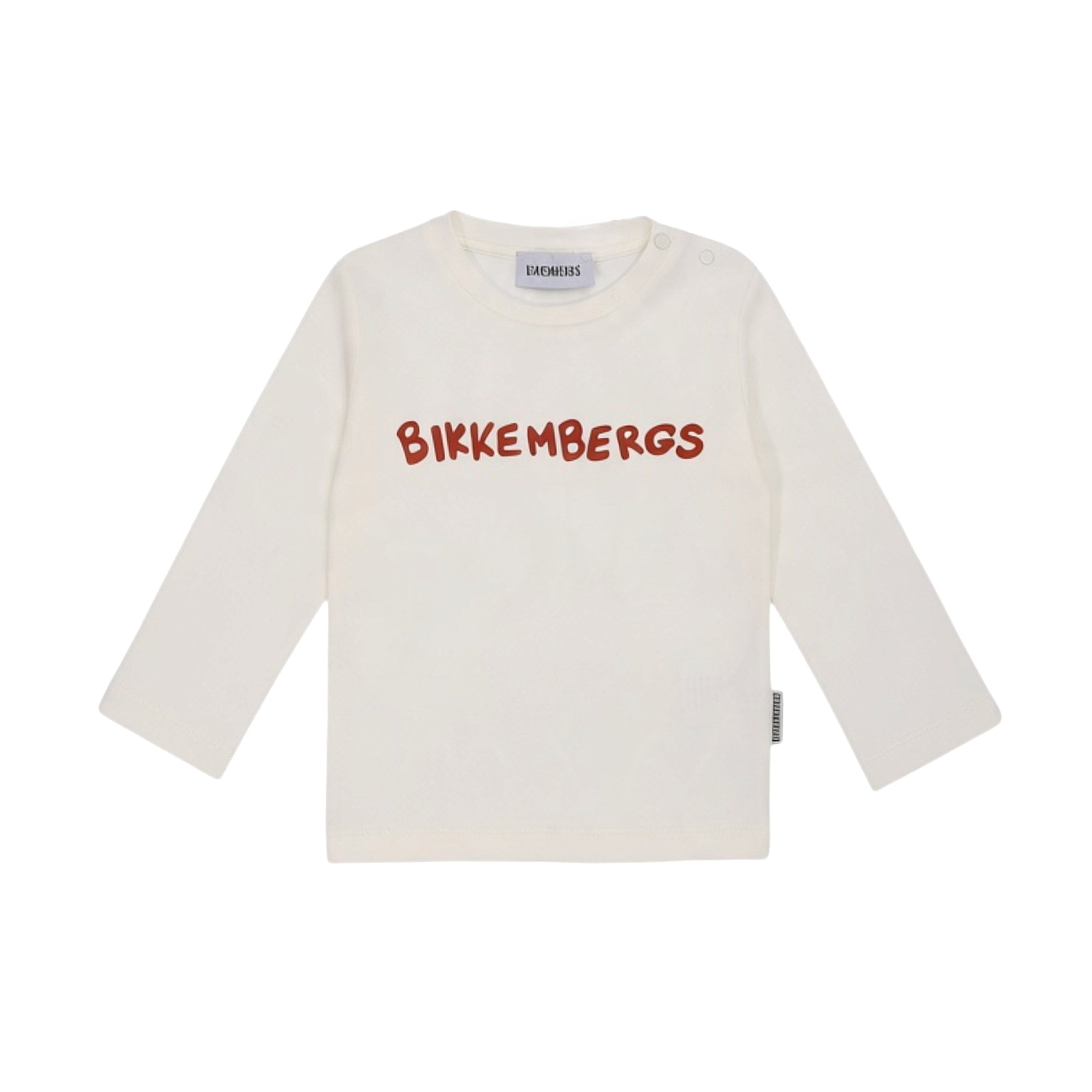 Ivory long-sleeve baby t-shirt with a reddish-brown 'BIKKEMBERGS' logo print on the chest and two white snap buttons on the l