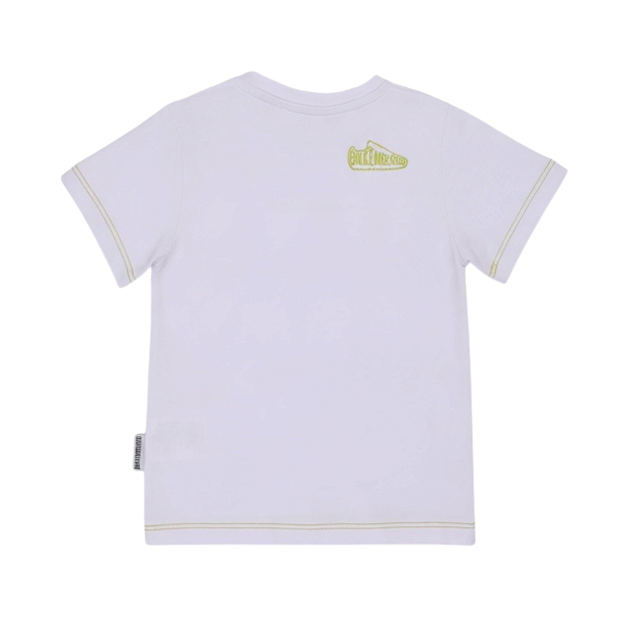 White short-sleeved t-shirt with lime green stitching on hems and a lime green Birkenstock shoe graphic on the back.