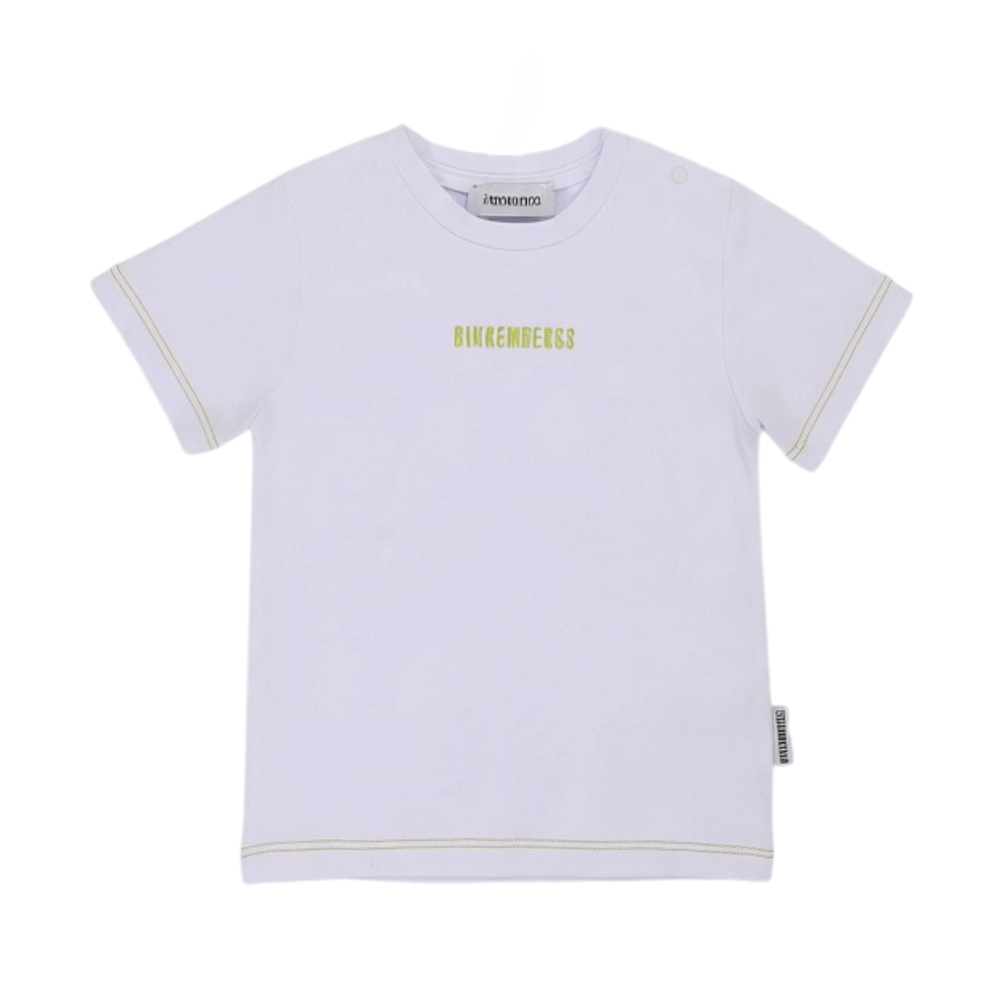White Bikkemberg Kids short-sleeved t-shirt with crew neck, lime green contrast stitching, and brand logo on chest.