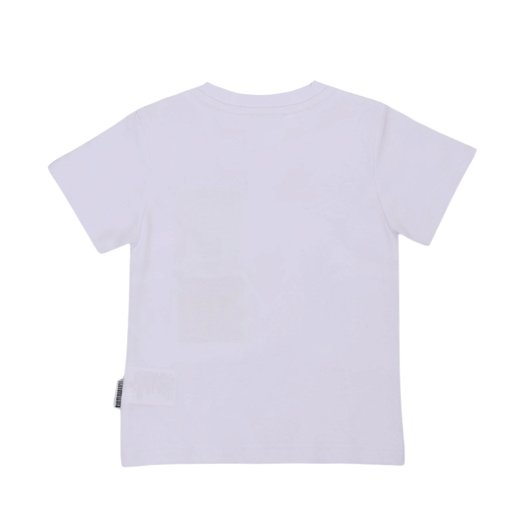 Back view of a plain white short-sleeved t-shirt with a ribbed crew neck. A small black and white tag is on the lower left he