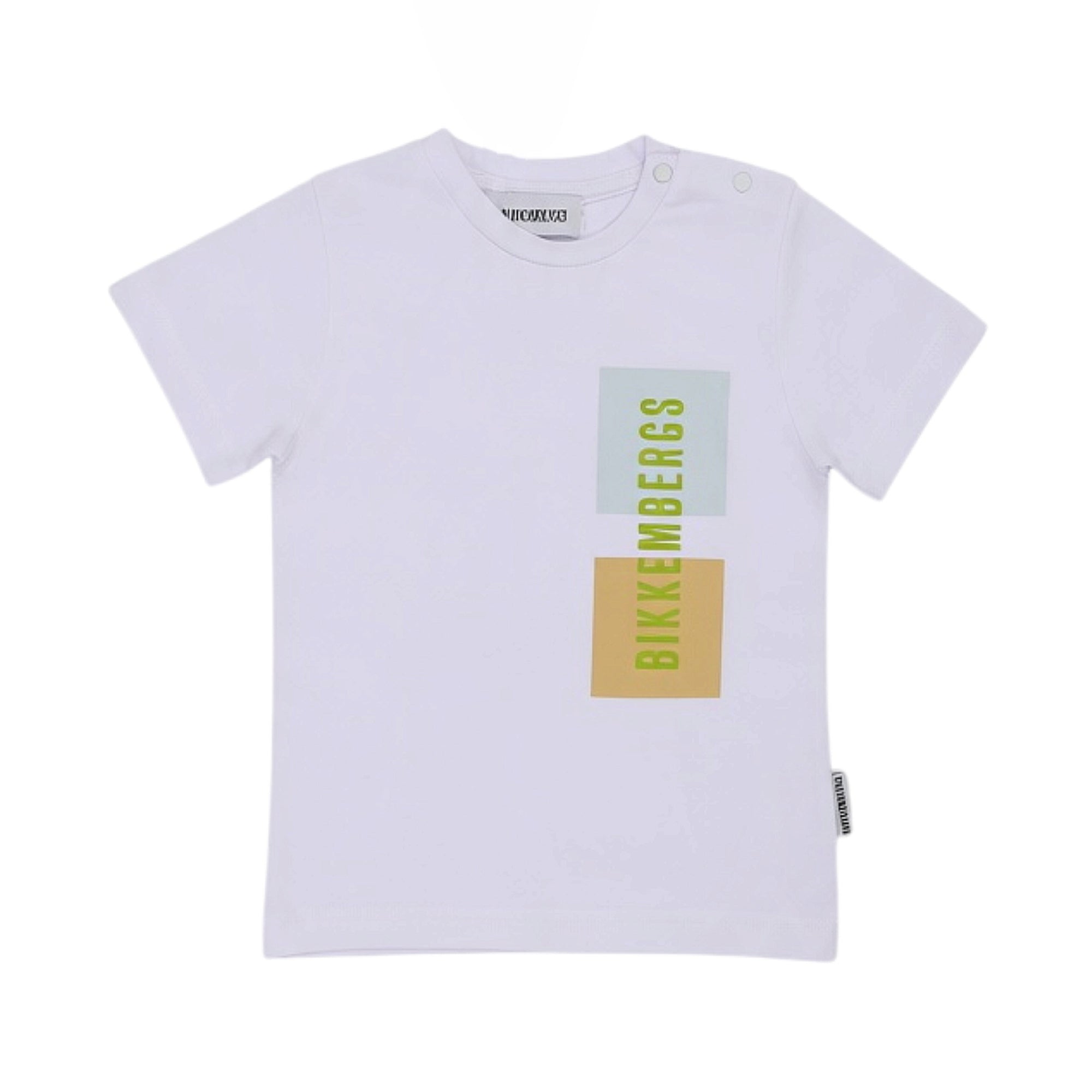 White short-sleeved baby t-shirt with round neck and two snap buttons on the shoulder. Features a vertical 'BIKKEMBERGS' logo