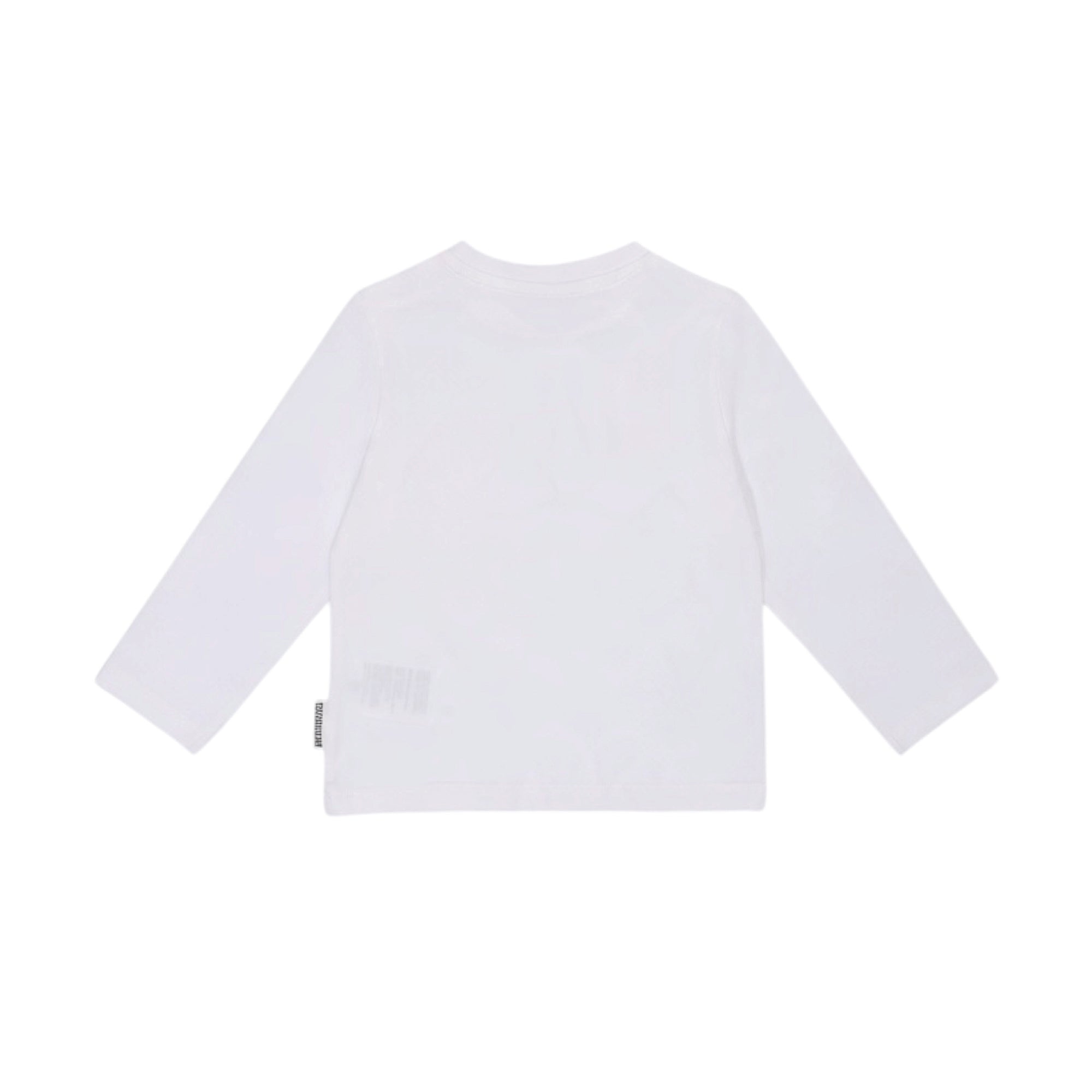 White long-sleeve t-shirt with a crew neck and a small black brand tag on the left side seam.