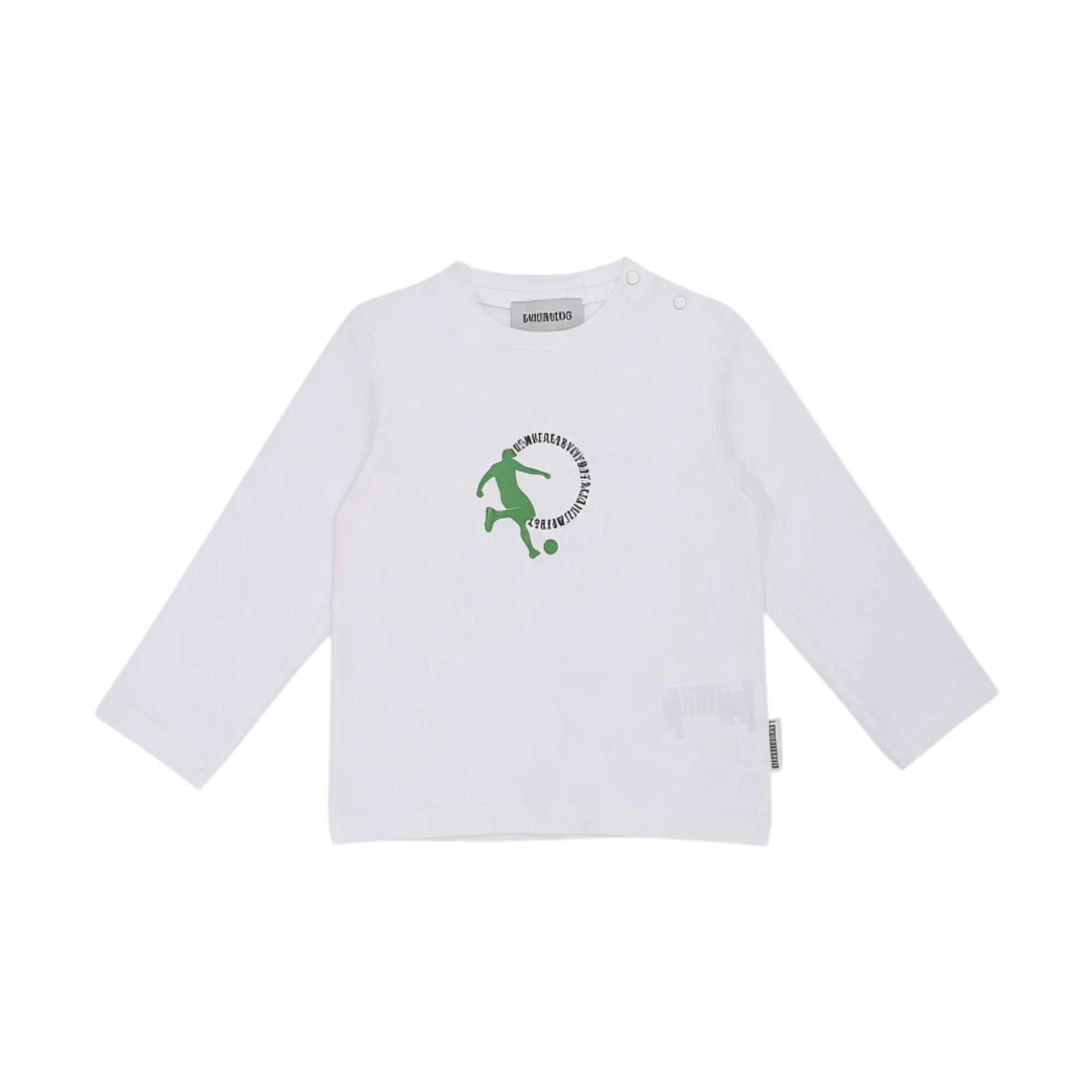 White long sleeve T-shirt for kids with a green footballer graphic print and shoulder snap buttons.