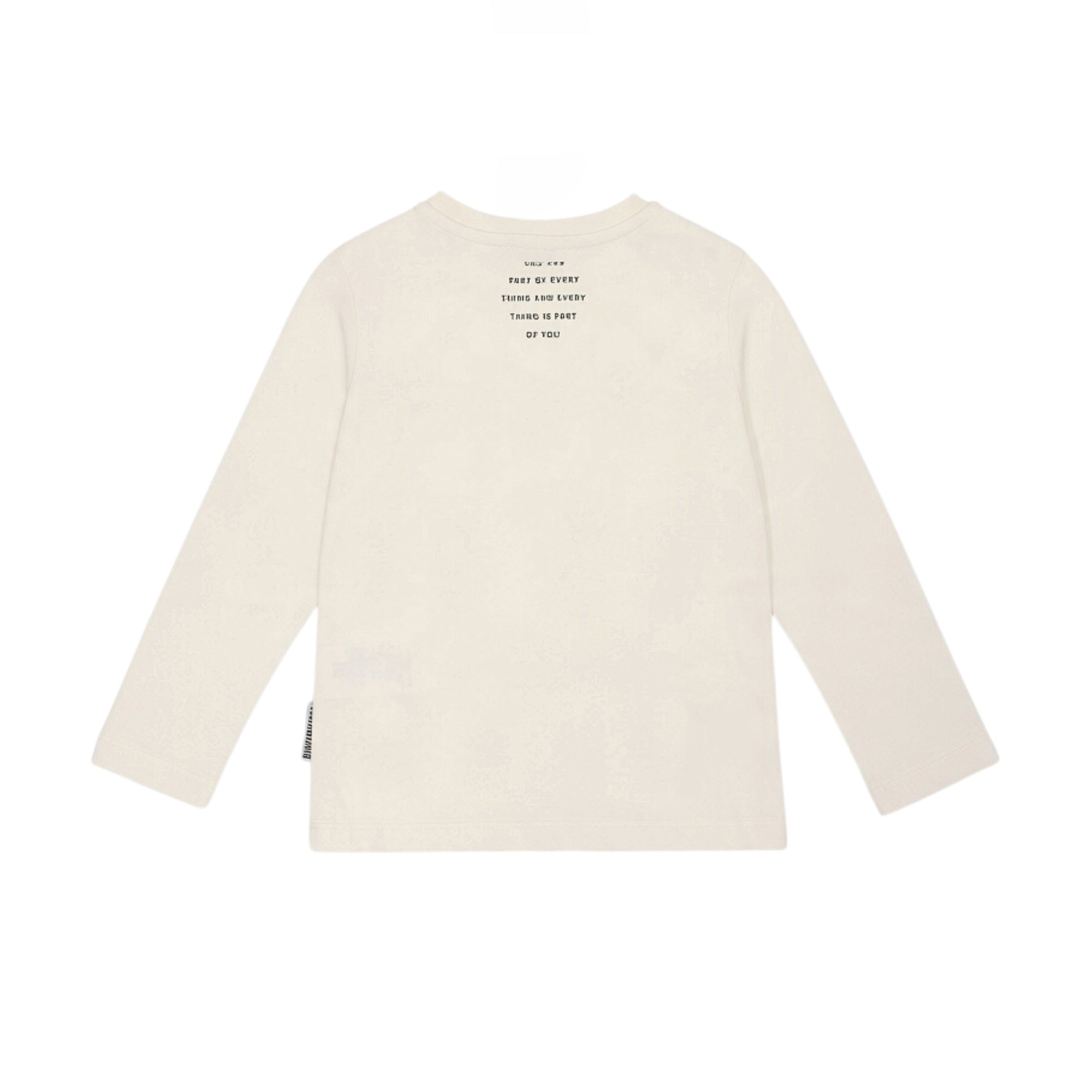 Ivory long-sleeve crew neck t-shirt. Back features black text: 'YOU ARE PART OF EVERY THING AND EVERY THING IS PART OF YOU'.