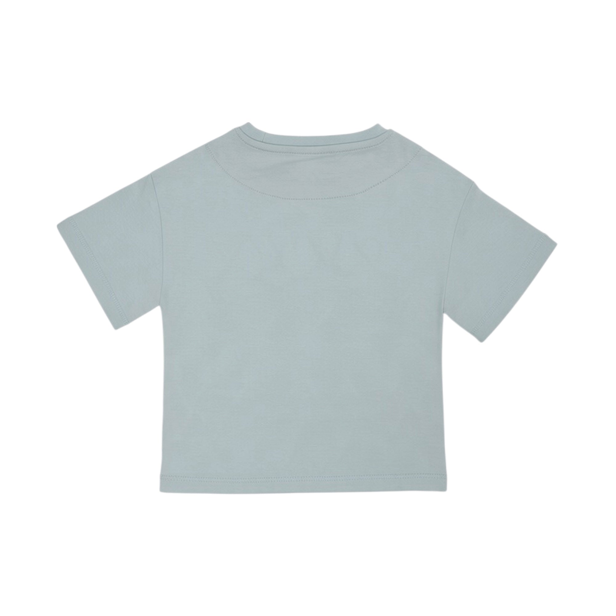Light blue short-sleeved t-shirt, back view, with a ribbed crew neck and hemmed sleeves and bottom.