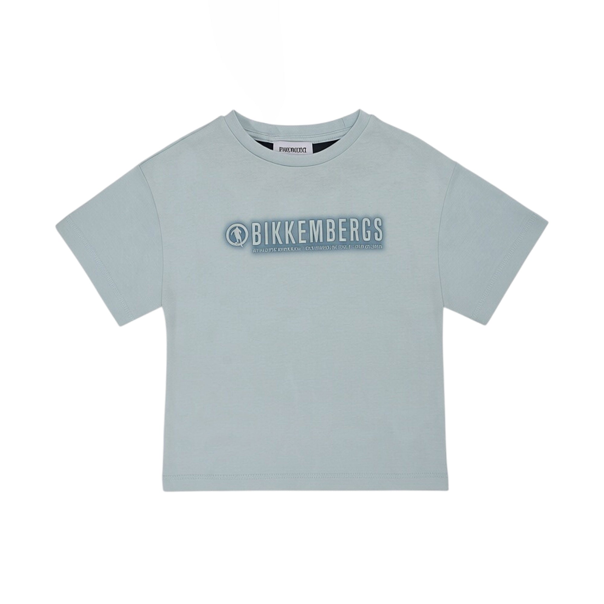 Light blue short-sleeved T-shirt with a crew neck and a prominent Bikkembergs brand graphic on the chest.