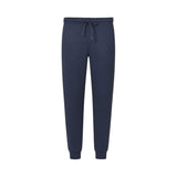 Dark blue navy sweatpants with an elasticated drawstring waist, tied in a bow with silver-toned tips, and ribbed ankle cuffs.