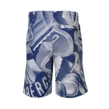 Blue and white halftone shorts with abstract shapes and text. Elastic waistband and a single flap back pocket.