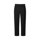 Black straight-leg trousers with an elasticated waist and a black drawstring tied at the front.