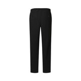 Black trousers with elasticated waist, two buttoned back pockets, and straight legs. Smooth black fabric.