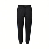 Black jogger trousers with an elasticated drawstring waist and elasticated cuffs. Blue text stripes run down the outer sides