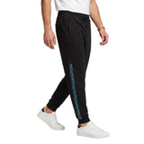 Black men's tapered jogger trousers with an elasticated drawstring waist, ribbed cuffs, and an iridescent Bikkembergs side st