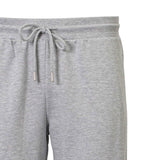 Grey melange sweatpants with an elastic drawstring waistband tied in a bow, featuring light-toned aglets and a side pocket.