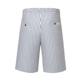 White and Little Boy Blue vertically striped shorts with elasticated waist, two back button pockets, and a small white tag.