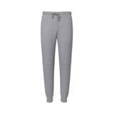 Grey melange sweatpants with an elastic drawstring waist, ribbed cuffs, and stitched knee patches.