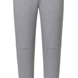 Light grey melange trousers with stitched, rounded knee patches on both legs.